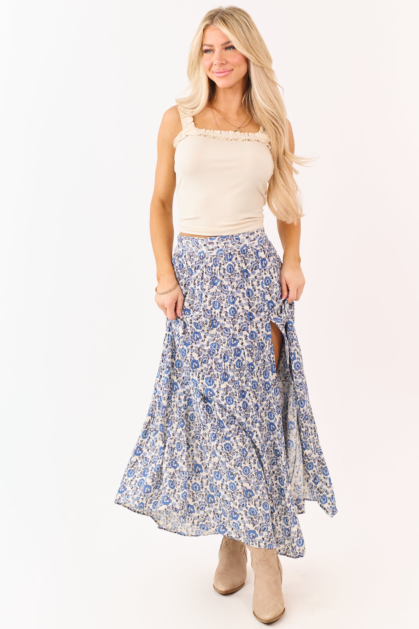Coconut Floral Print Side Slit Tiered Maxi Skirt