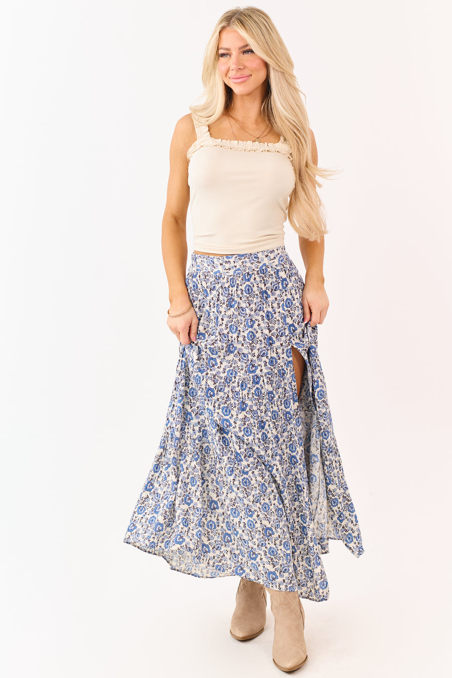 Coconut Floral Print Side Slit Tiered Maxi Skirt
