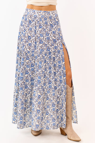 Coconut Floral Print Side Slit Tiered Maxi Skirt