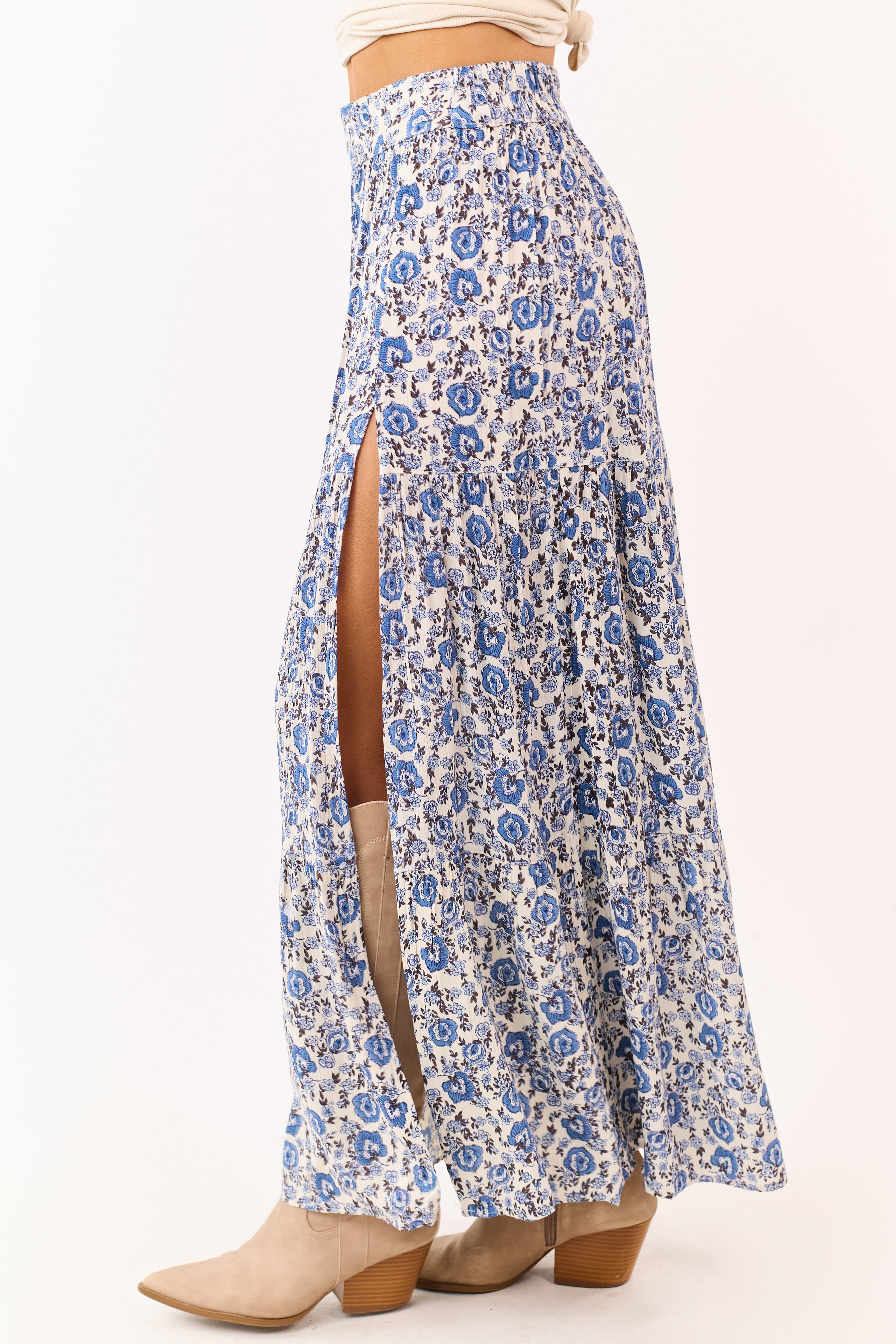 Coconut Floral Print Side Slit Tiered Maxi Skirt