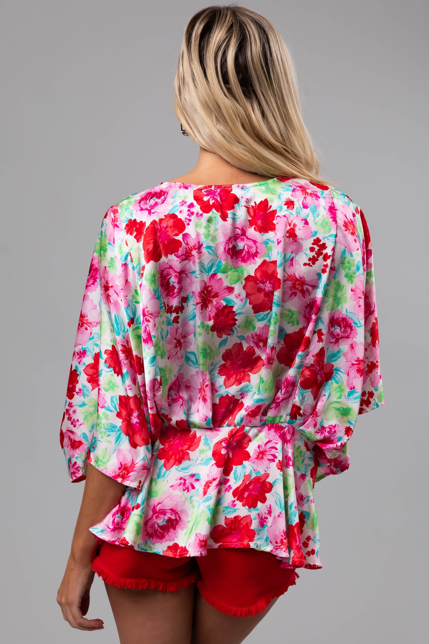 Coconut Floral Print V Neck Kimono Sleeve Top