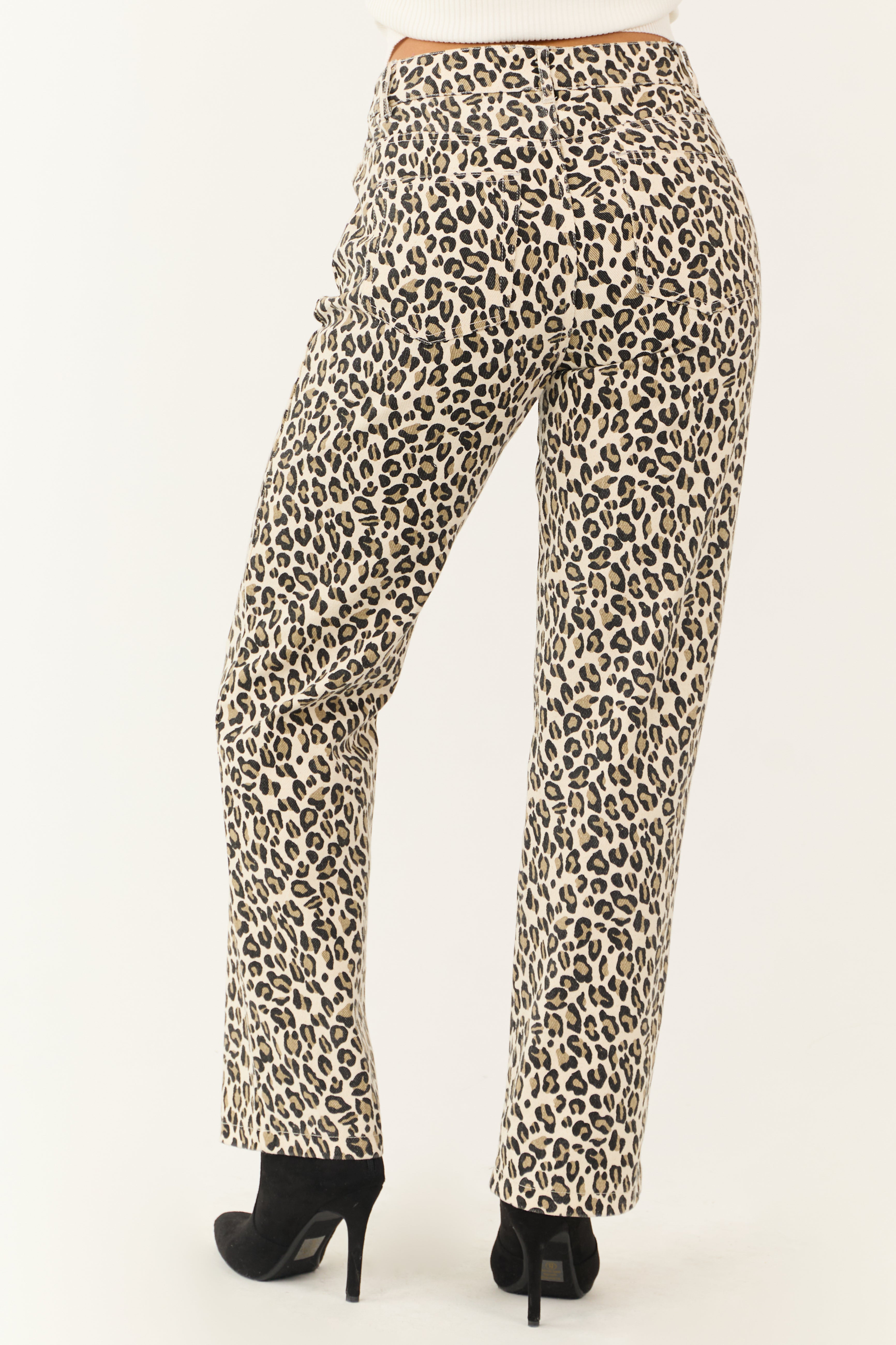 Coconut Leopard Print Denim Straight Fit Pants | Lime Lush Boutique