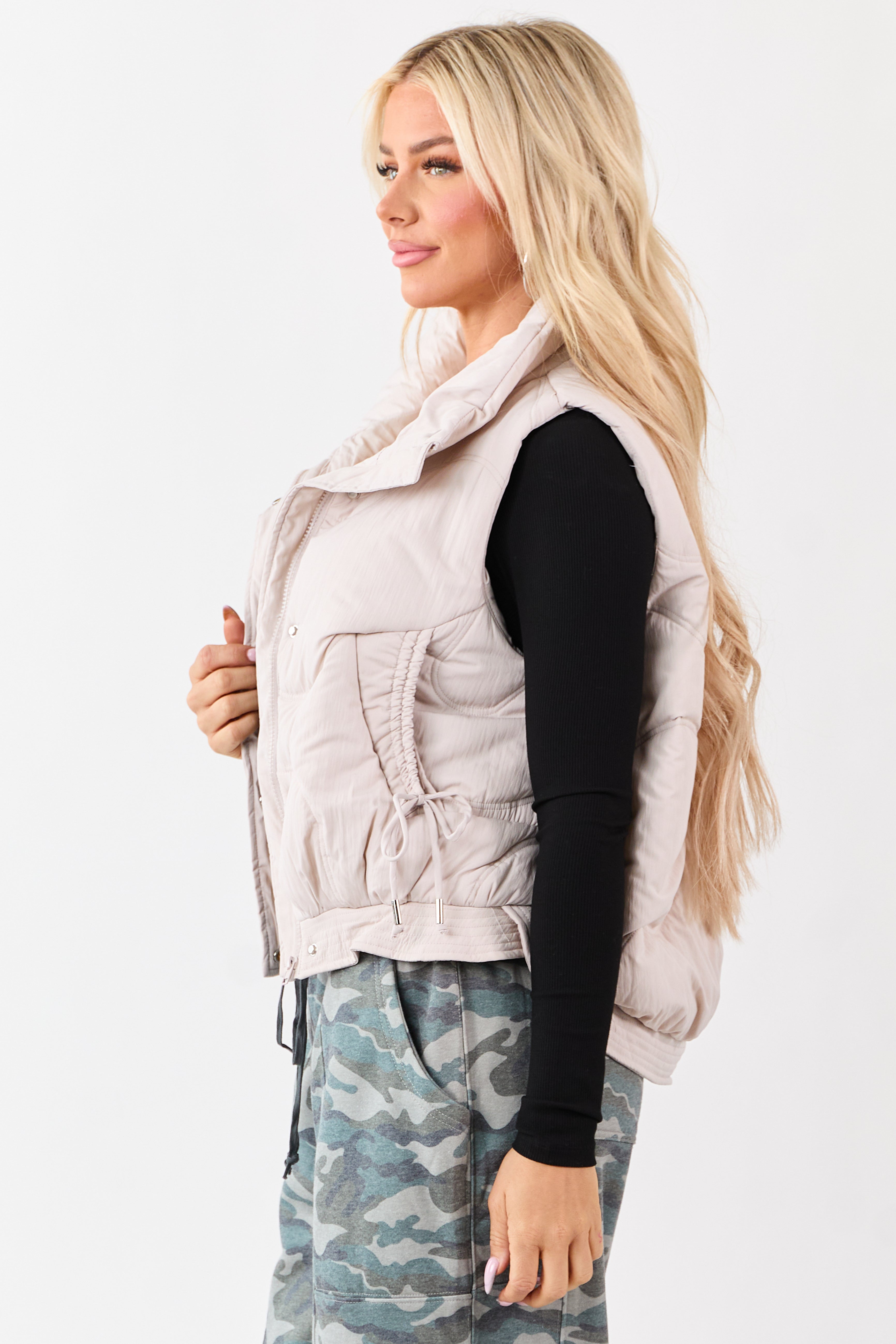 Coconut Mock Neck Hidden Zip Up Puffer Vest