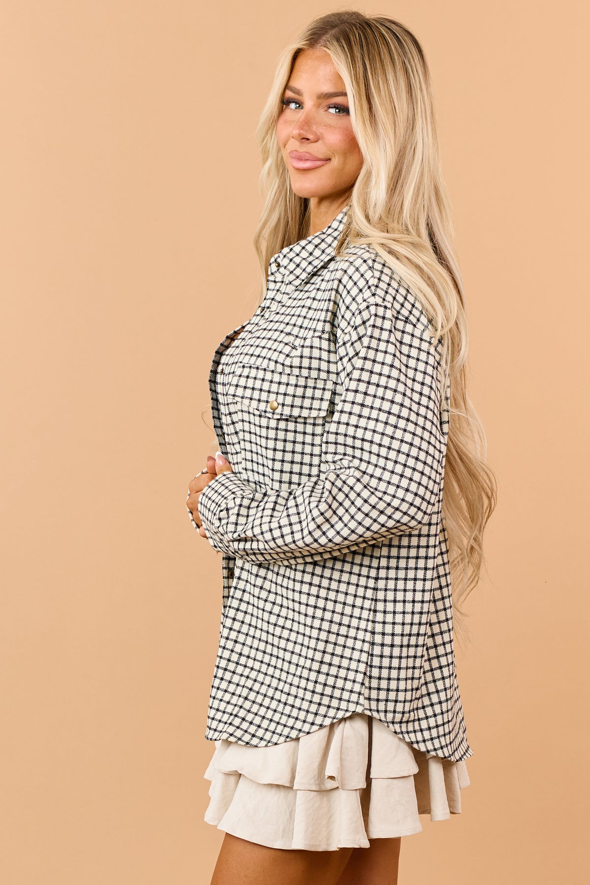 Coconut Plaid Wool Blend Button Down Shacket