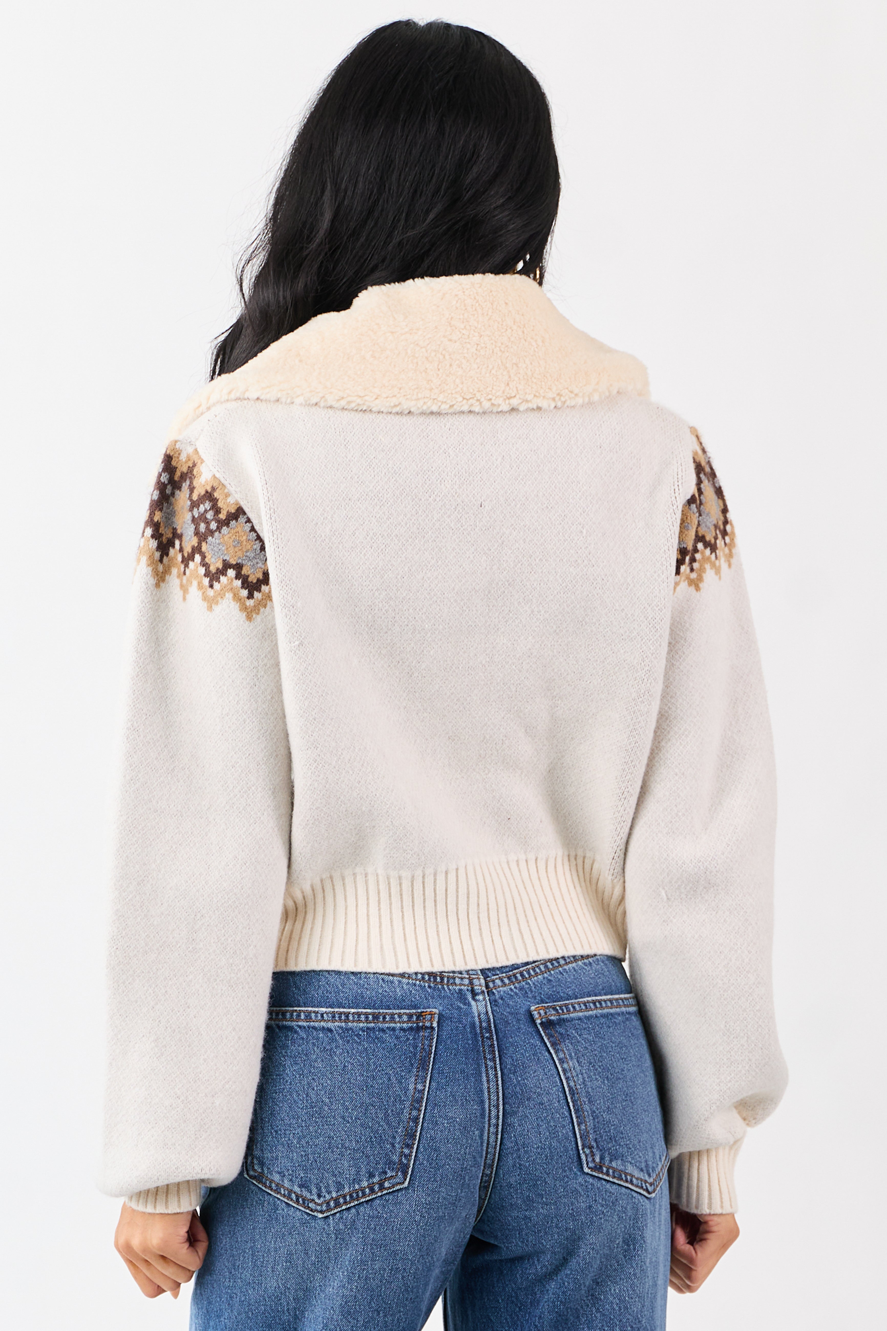 Coconut Sherpa Collar Western Pattern Sweater Jacket