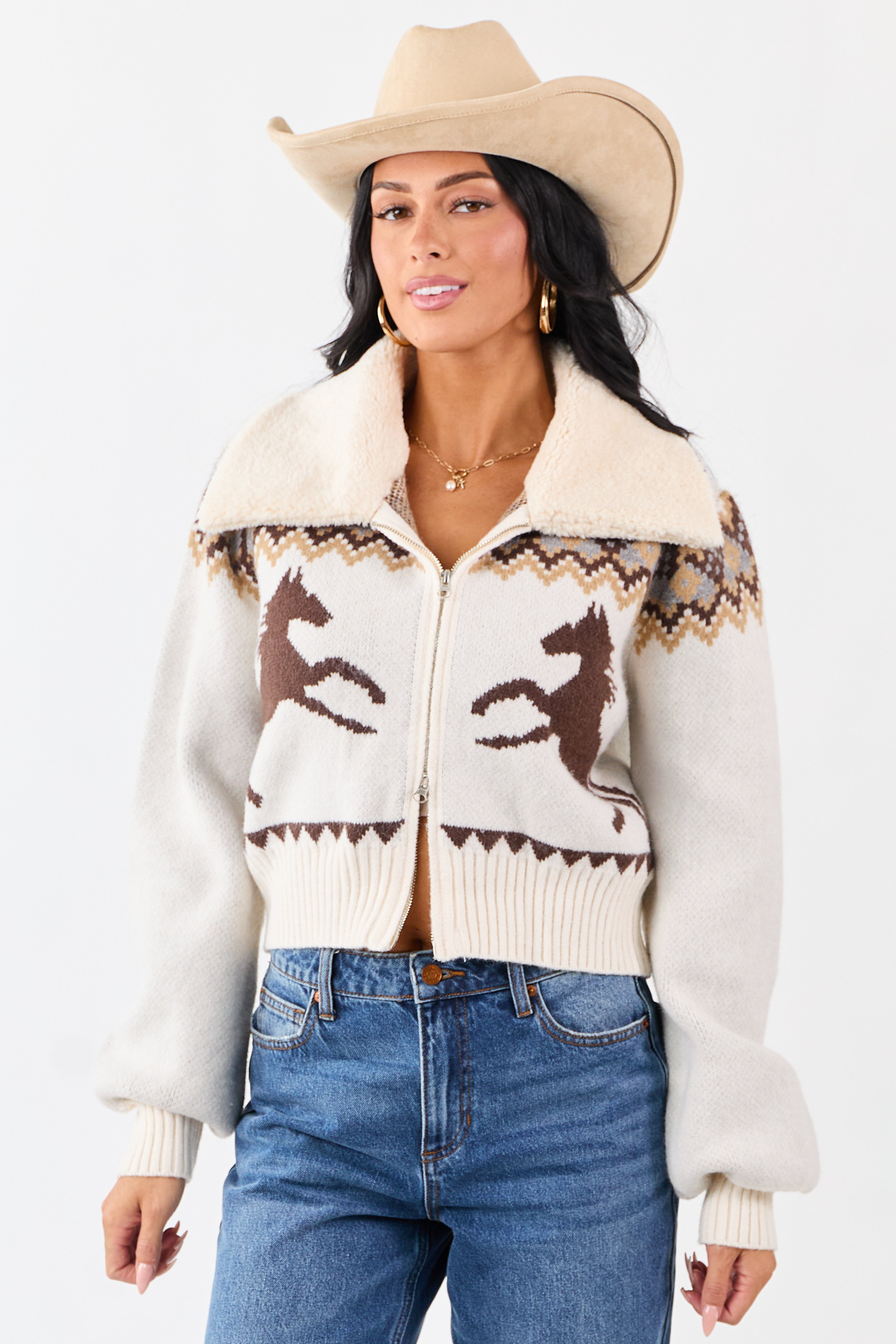 Coconut Sherpa Collar Western Pattern Sweater Jacket