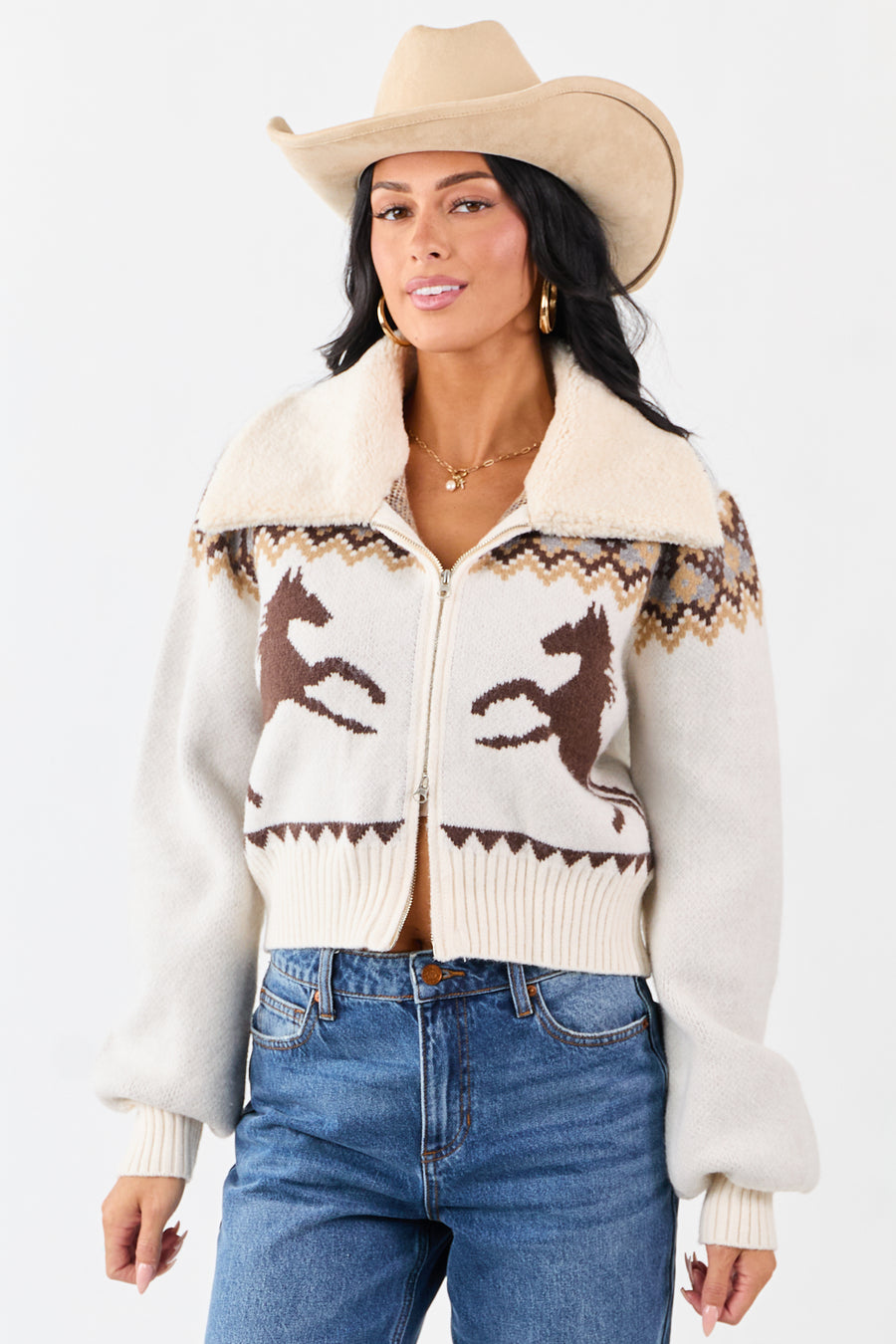 Coconut Sherpa Collar Western Pattern Sweater Jacket