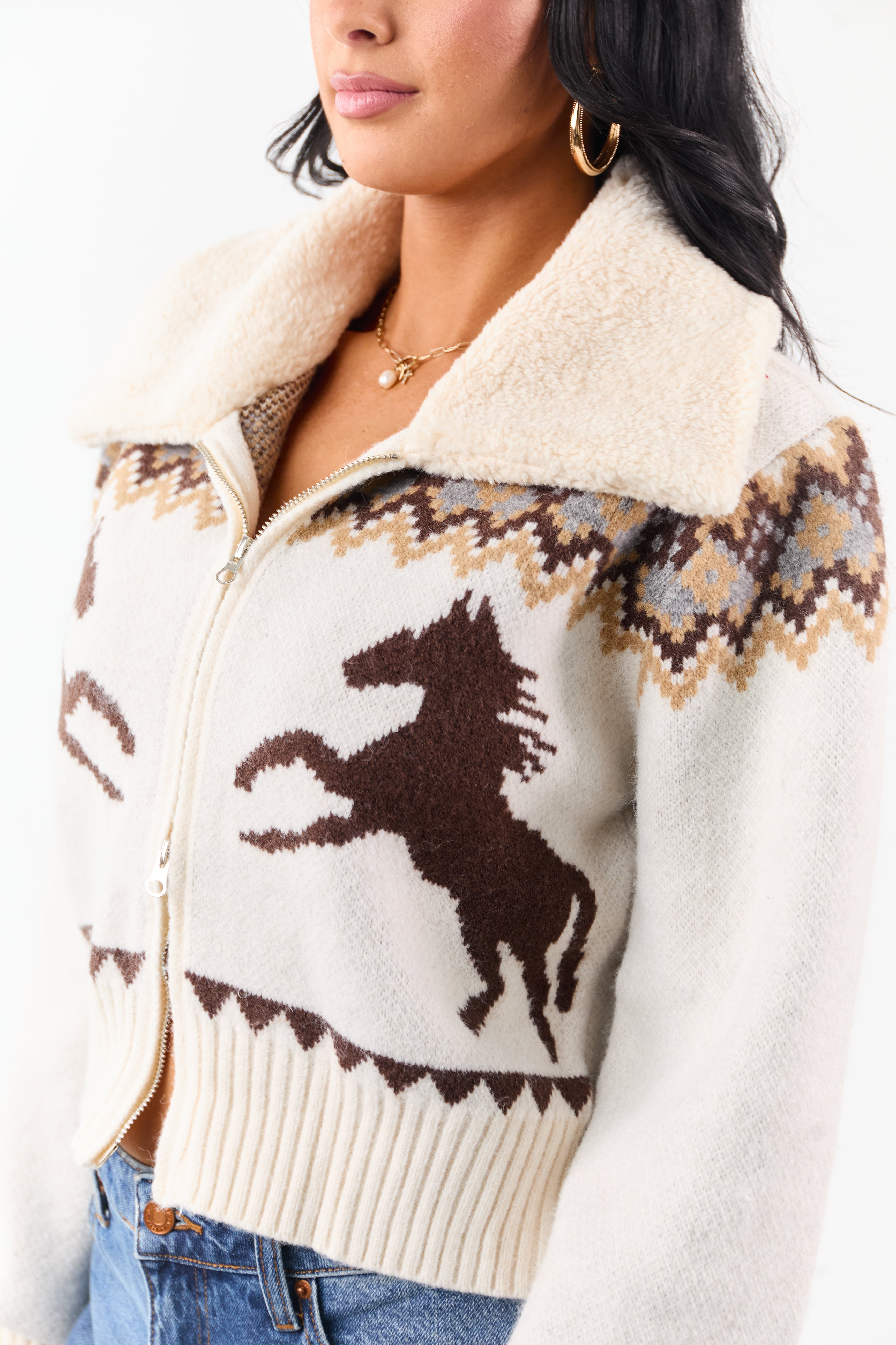 Coconut Sherpa Collar Western Pattern Sweater Jacket