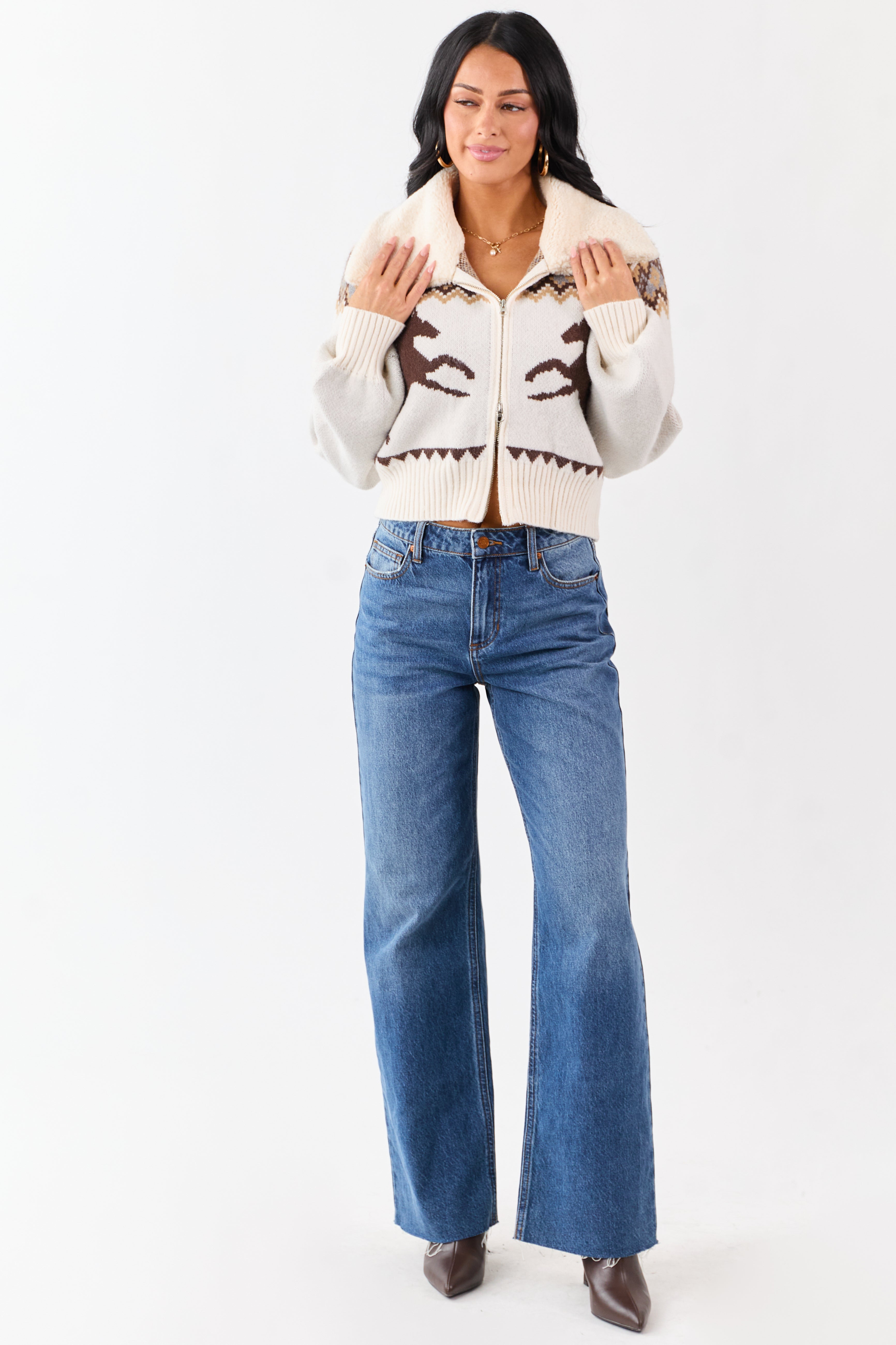 Coconut Sherpa Collar Western Pattern Sweater Jacket