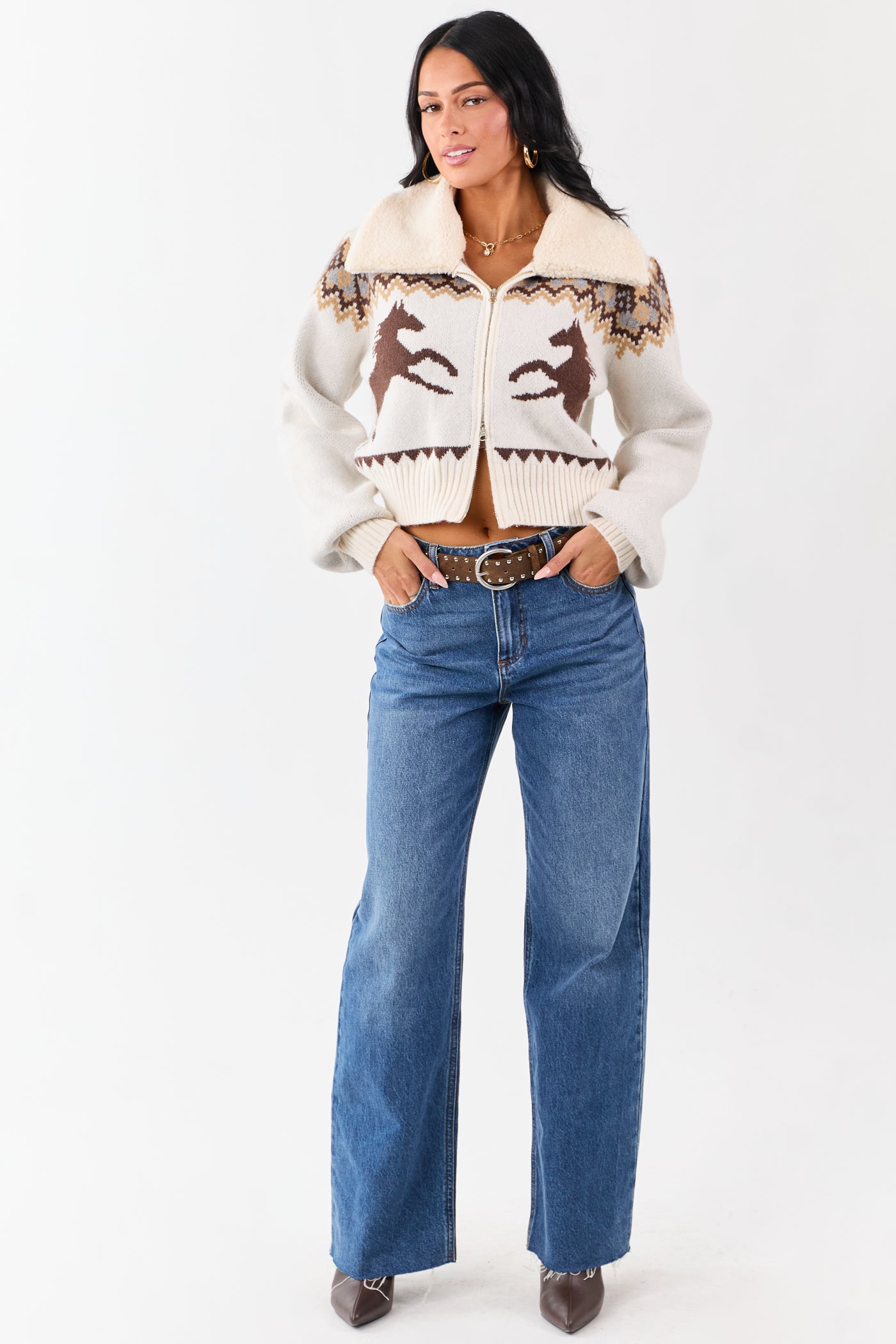 Coconut Sherpa Collar Western Pattern Sweater Jacket
