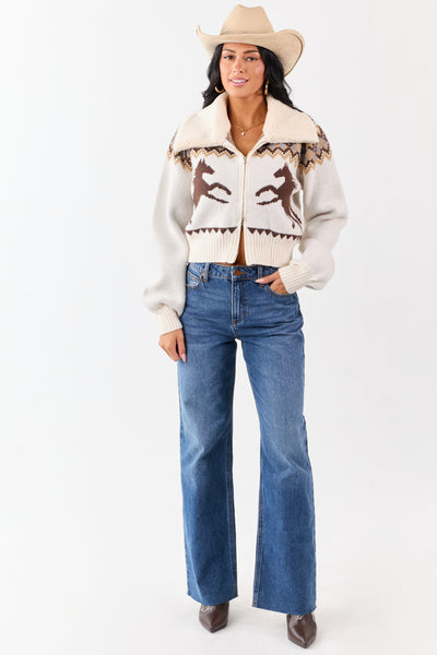 Coconut Sherpa Collar Western Pattern Sweater Jacket