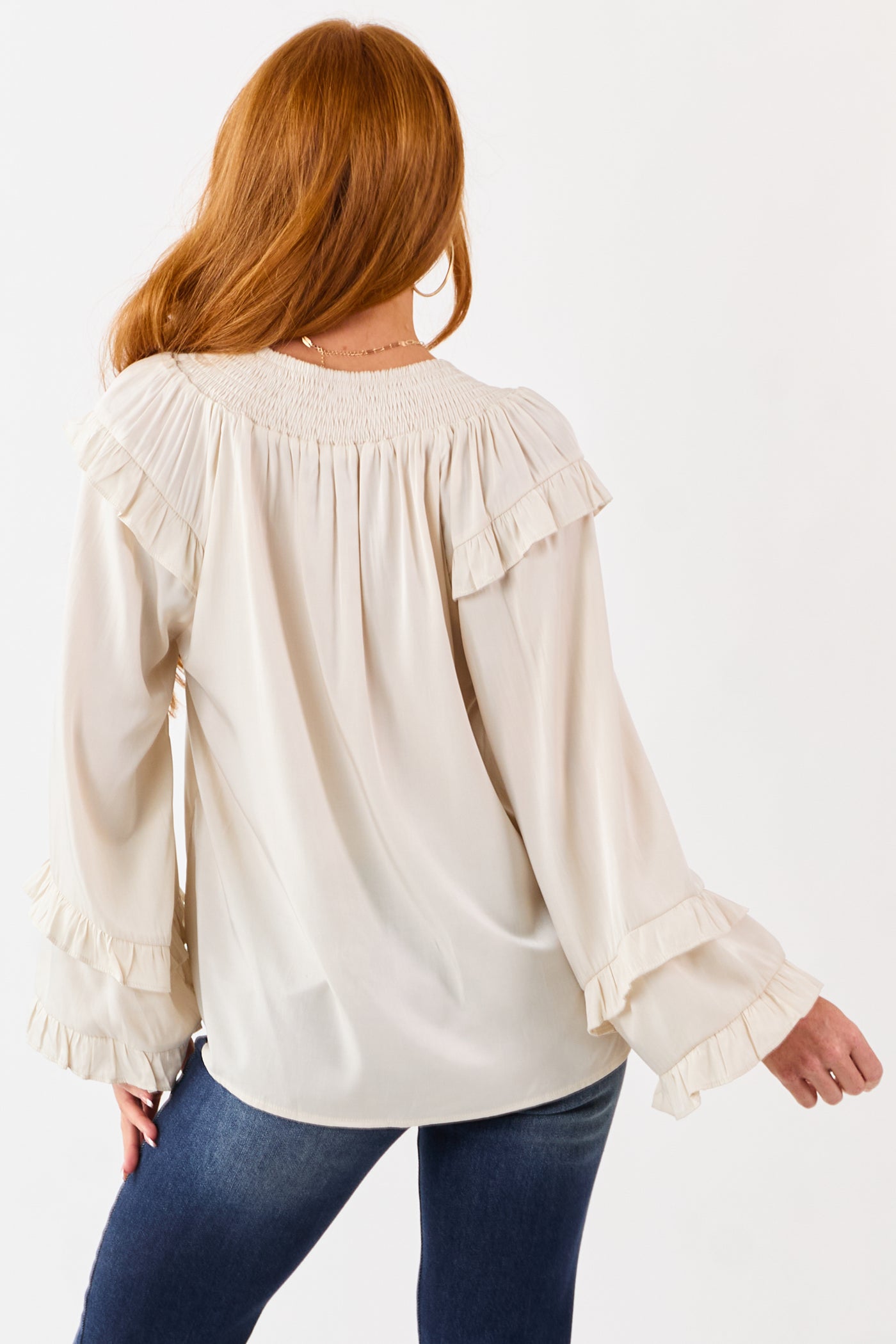 Coconut Smocked Neck Ruffle Accent Long Sleeve Top