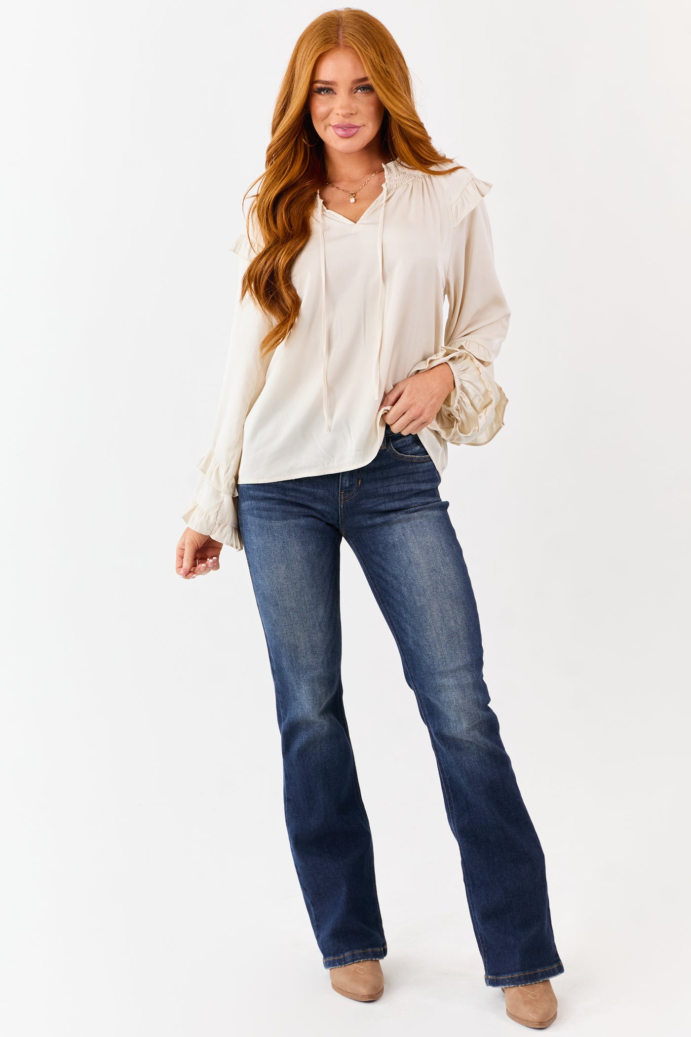 Coconut Smocked Neck Ruffle Accent Long Sleeve Top