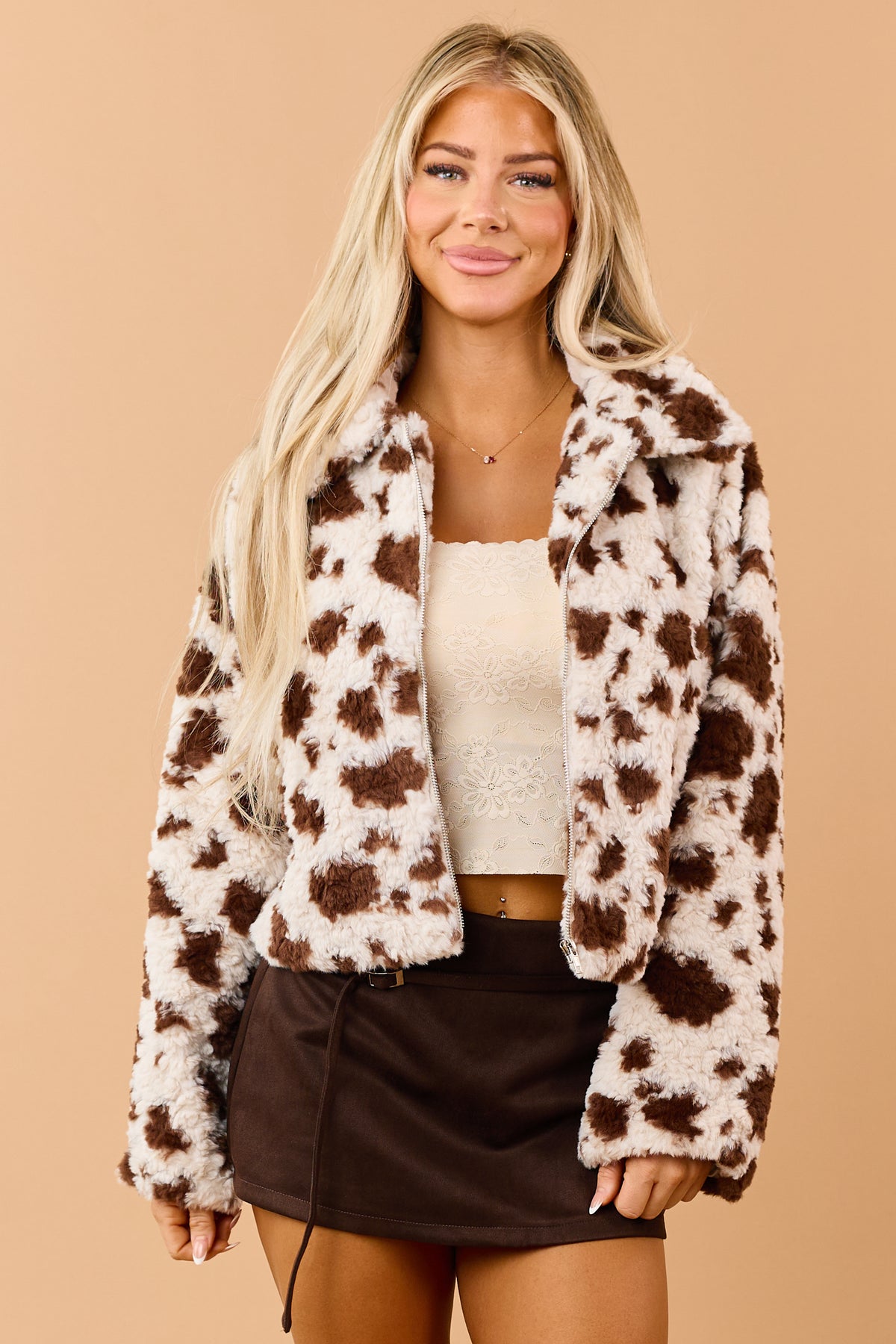 Coconut Soft Faux Fur Cow Print Zip Up Jacket