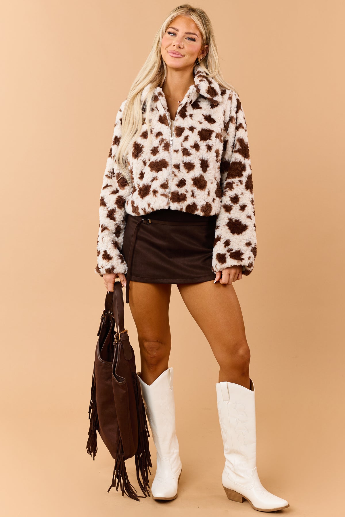 Coconut Soft Faux Fur Cow Print Zip Up Jacket