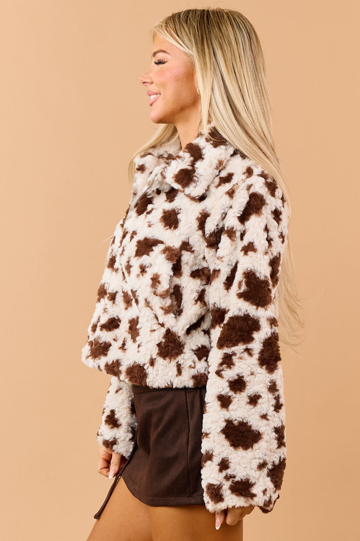 Coconut Soft Faux Fur Cow Print Zip Up Jacket