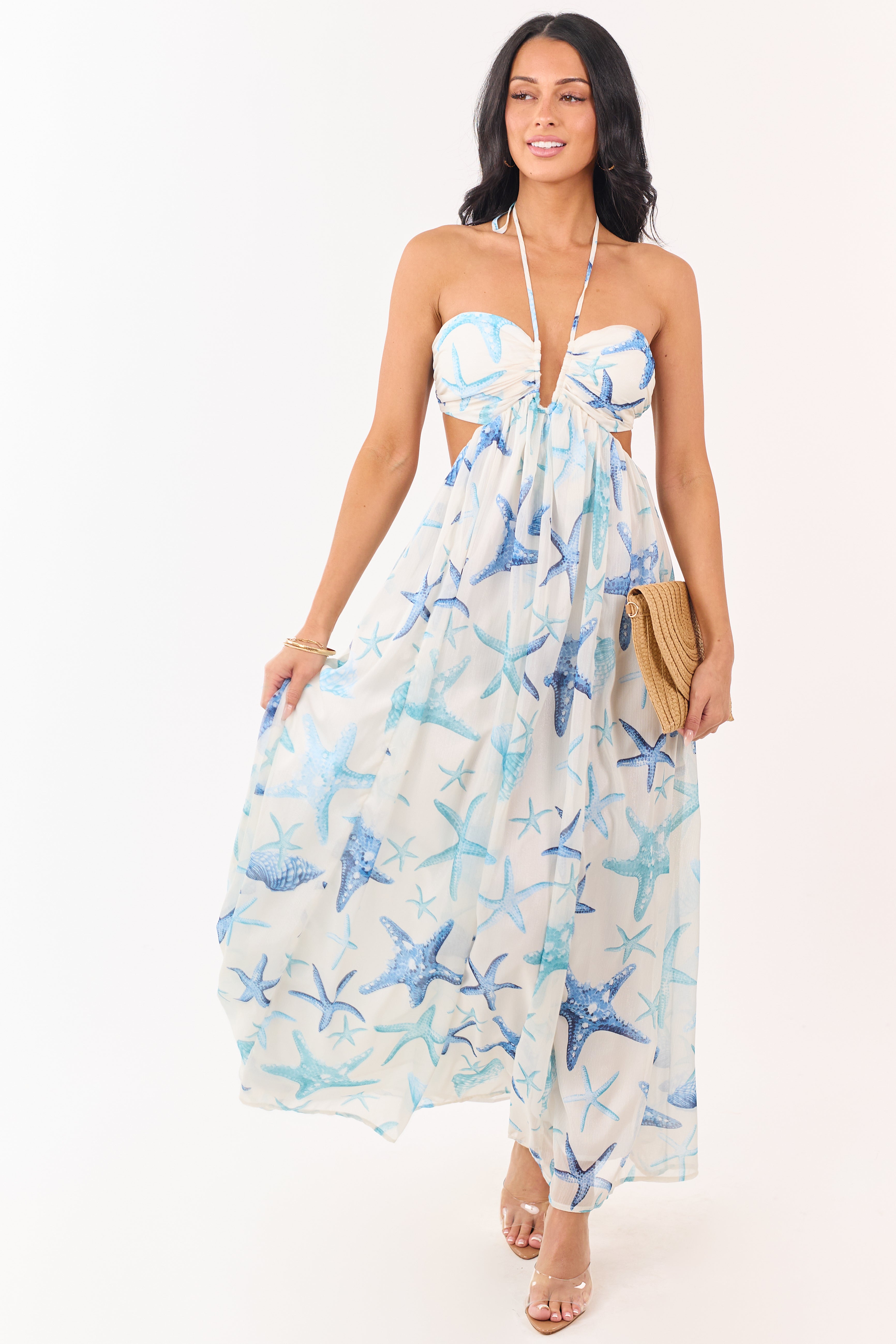 Coconut Starfish Print Chiffon Halter Maxi Dress