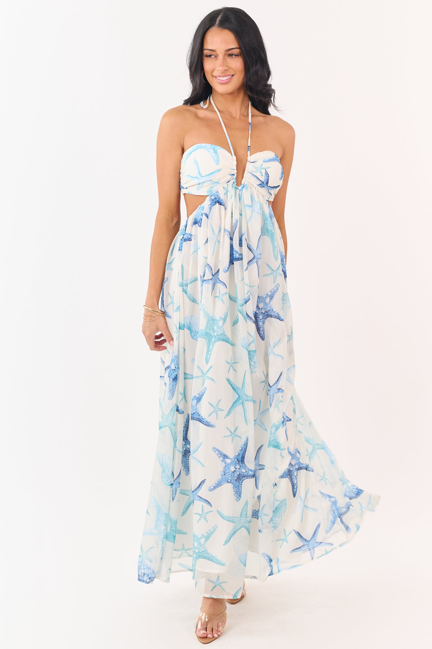 Coconut Starfish Print Chiffon Halter Maxi Dress