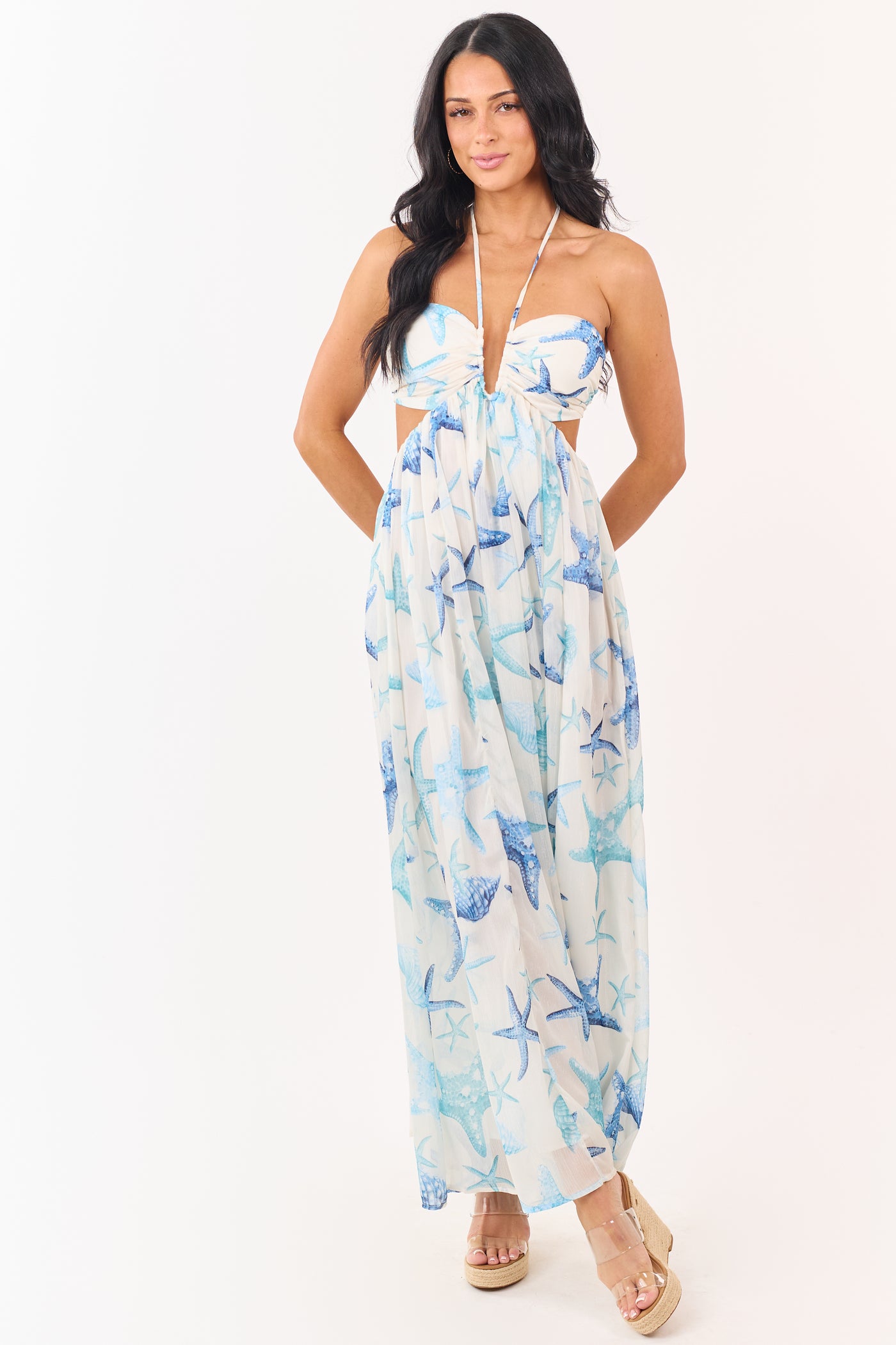 Coconut Starfish Print Chiffon Halter Maxi Dress