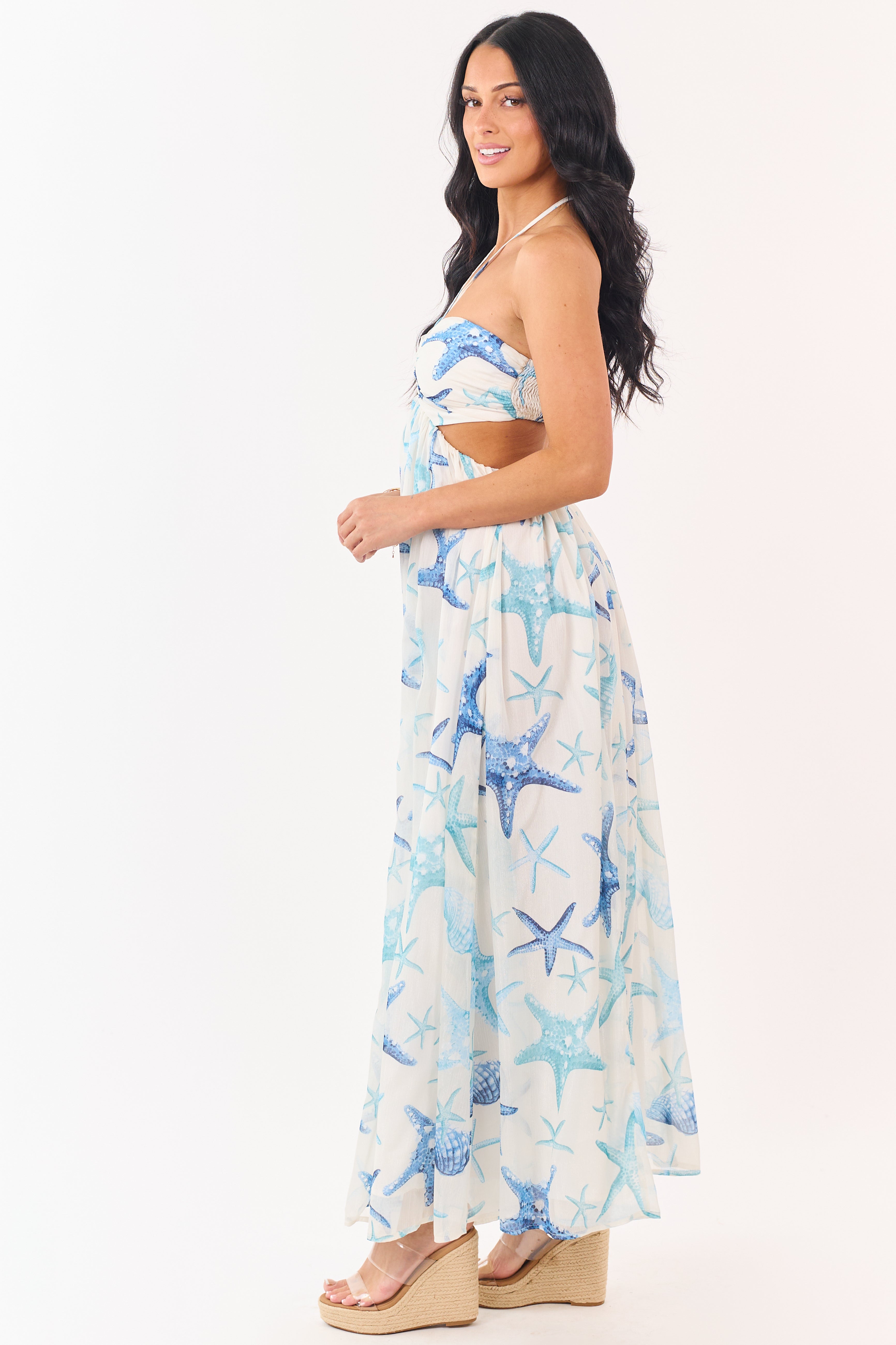 Coconut Starfish Print Chiffon Halter Maxi Dress