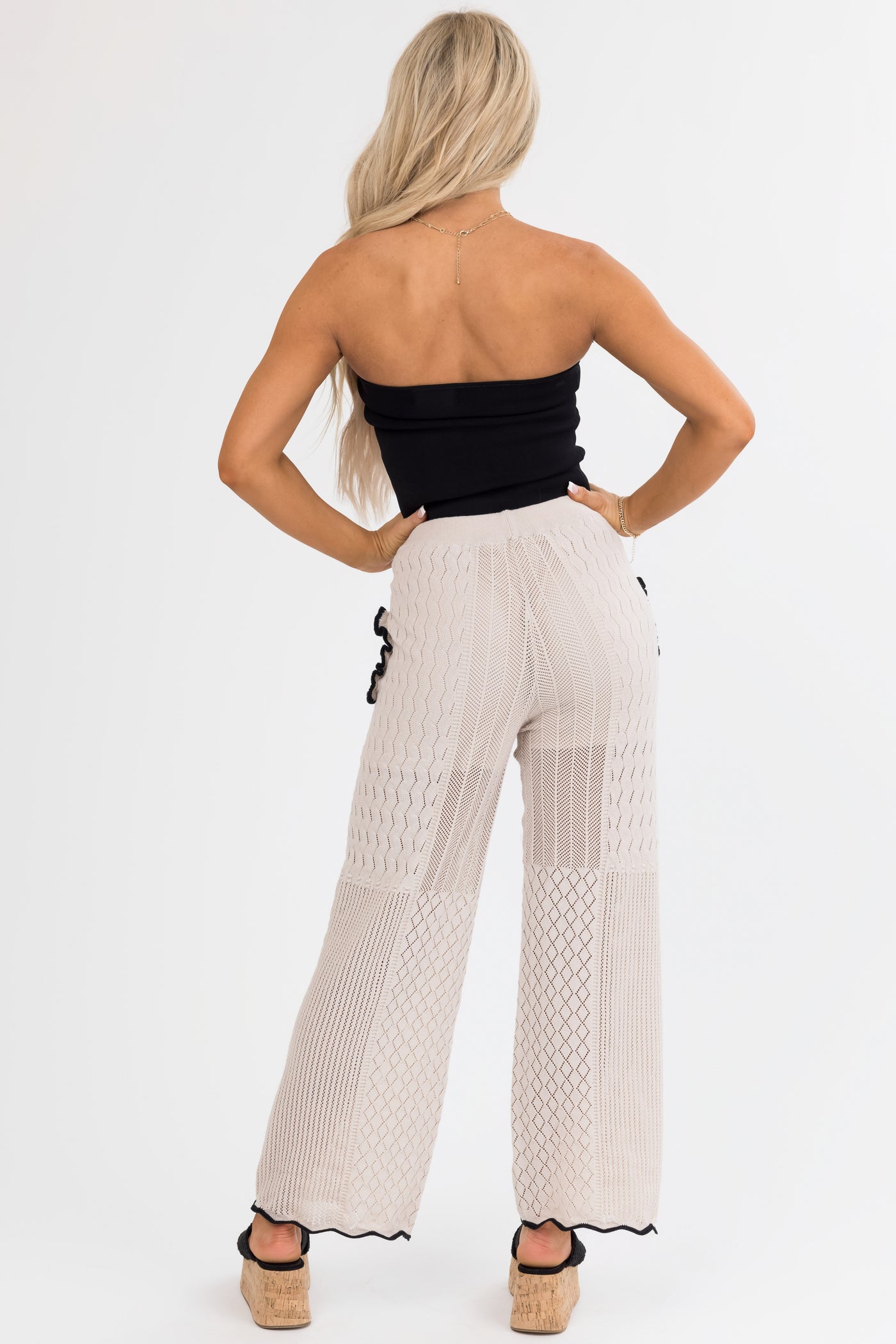 Coconut Textured Straight Leg Pants with Contrast Trim