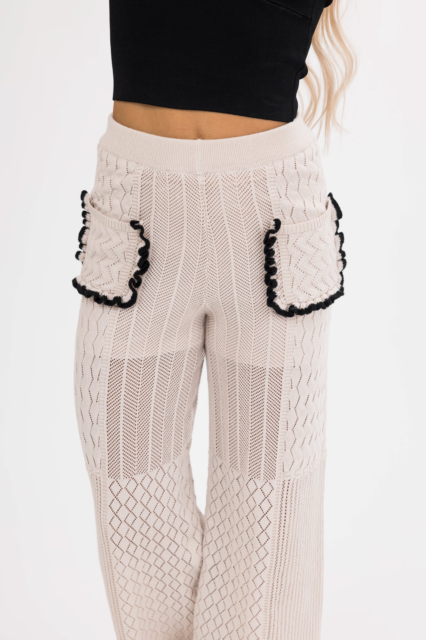 Coconut Textured Straight Leg Pants with Contrast Trim