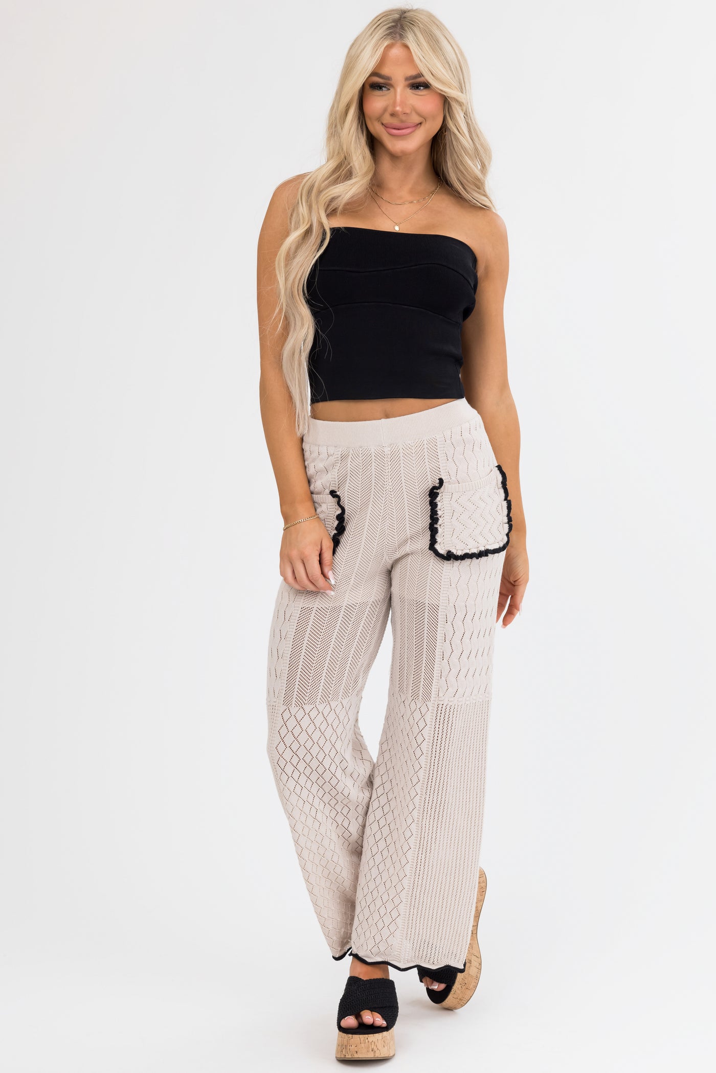 Coconut Textured Straight Leg Pants with Contrast Trim