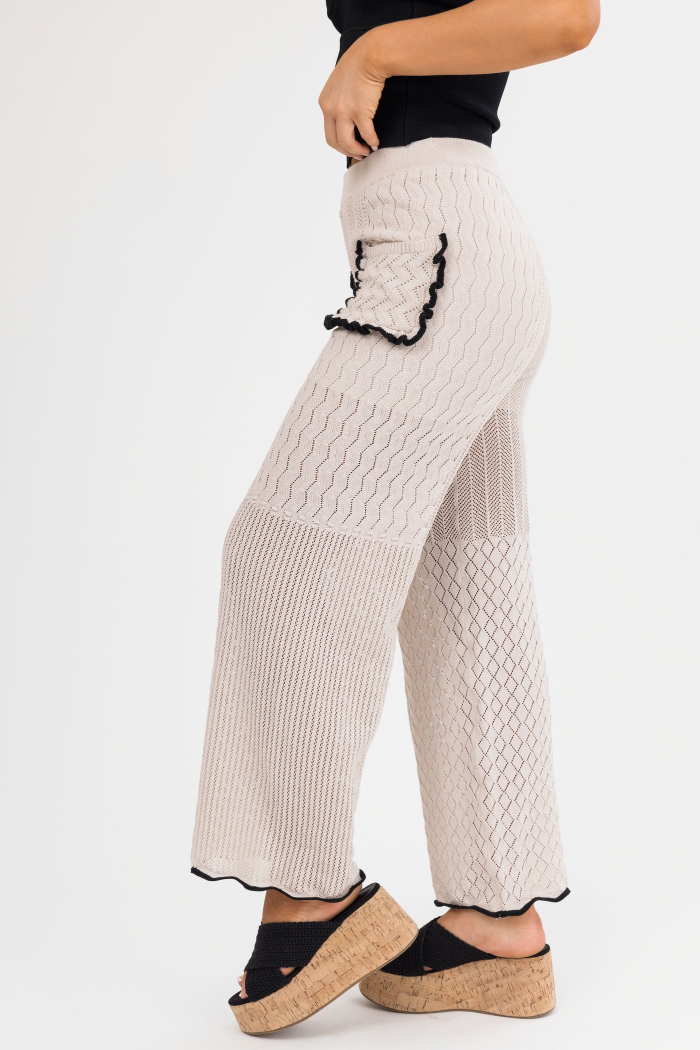 Coconut Textured Straight Leg Pants with Contrast Trim