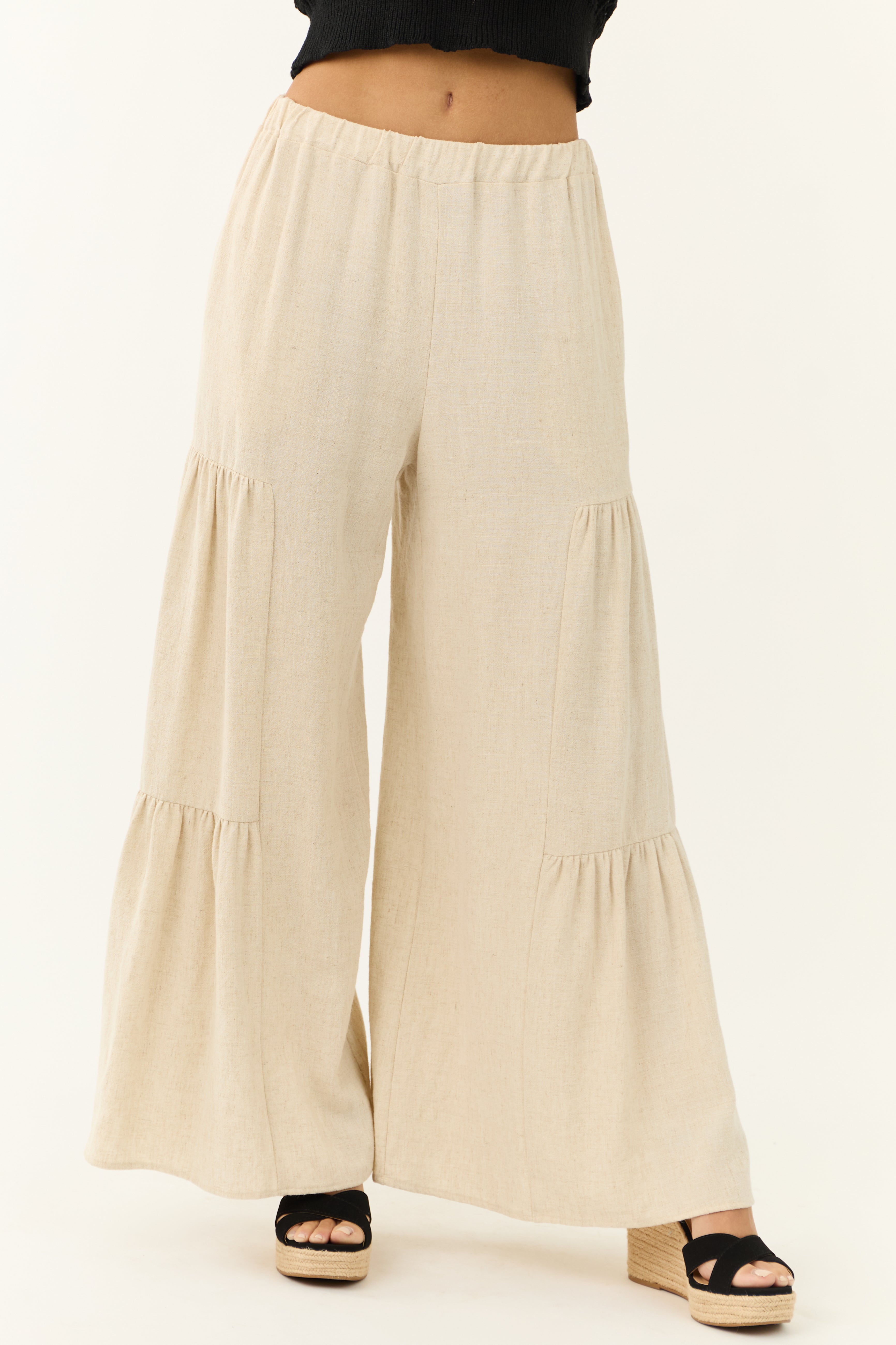 Coconut Wide Leg Side Ruffle Detail Linen Pants