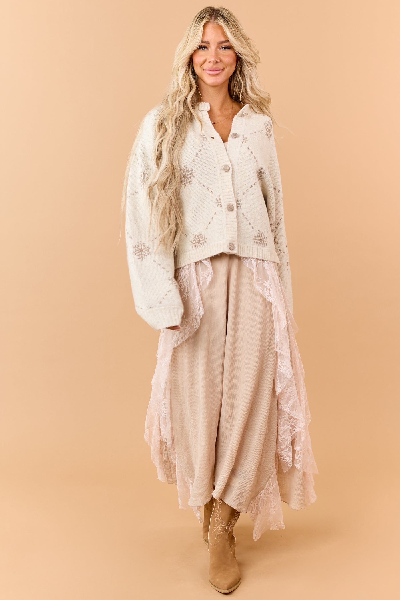 Coconut Wool Blend Snowflake Pattern Cardigan