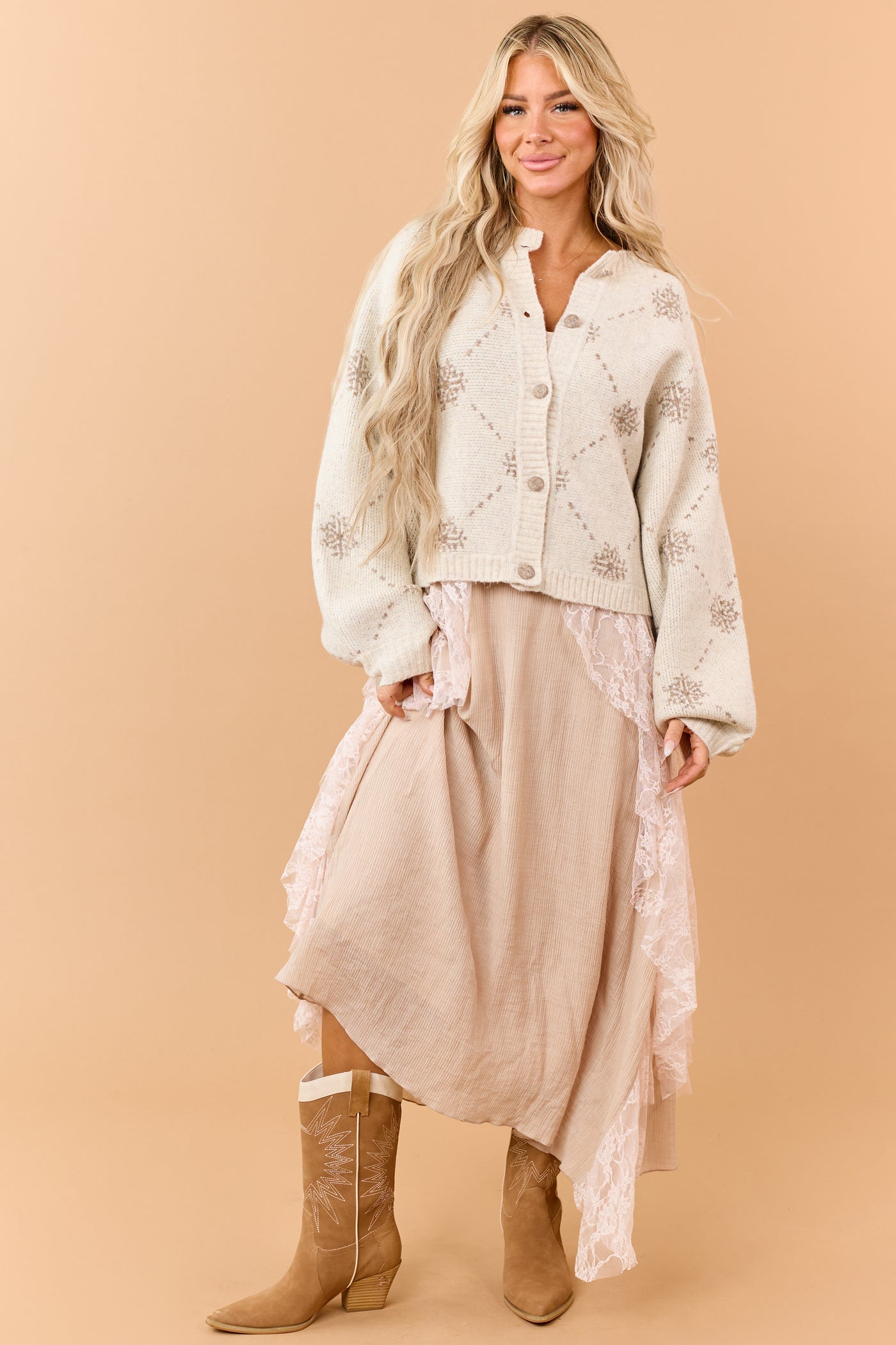Coconut Wool Blend Snowflake Pattern Cardigan