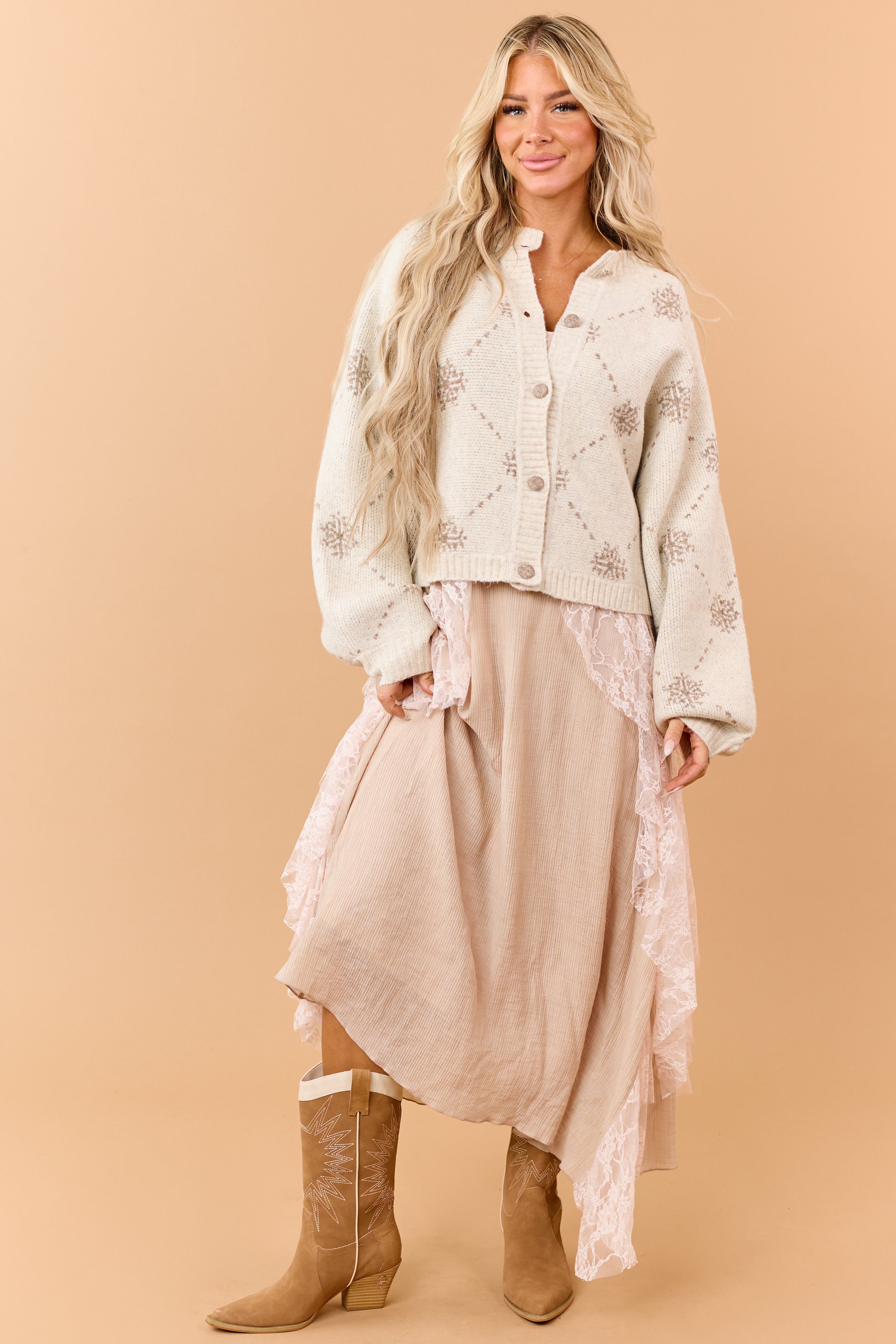 Coconut Wool Blend Snowflake Pattern Cardigan