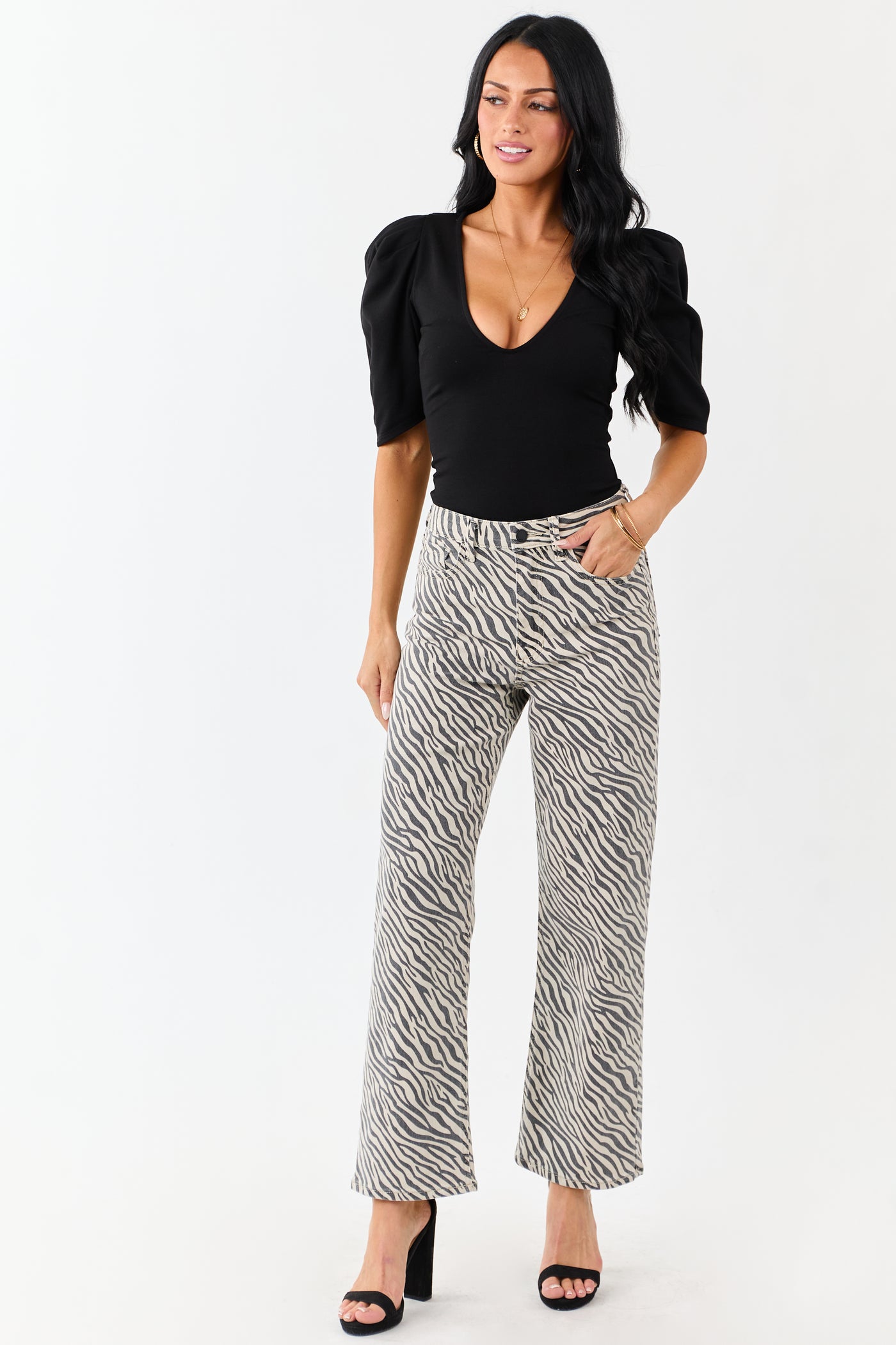 Coconut Zebra Print High Rise Straight Stretchy Jeans