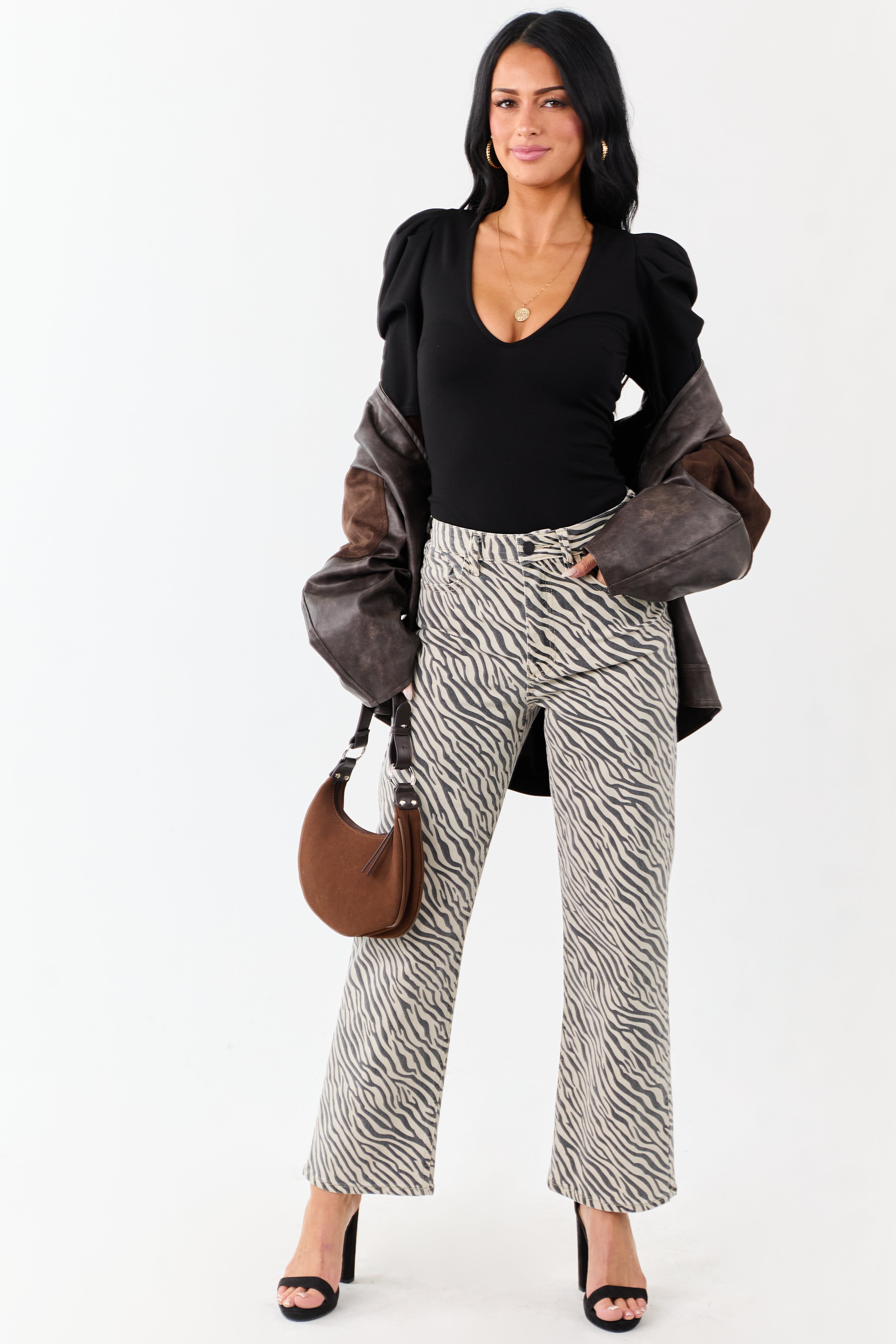 Coconut Zebra Print High Rise Straight Stretchy Jeans