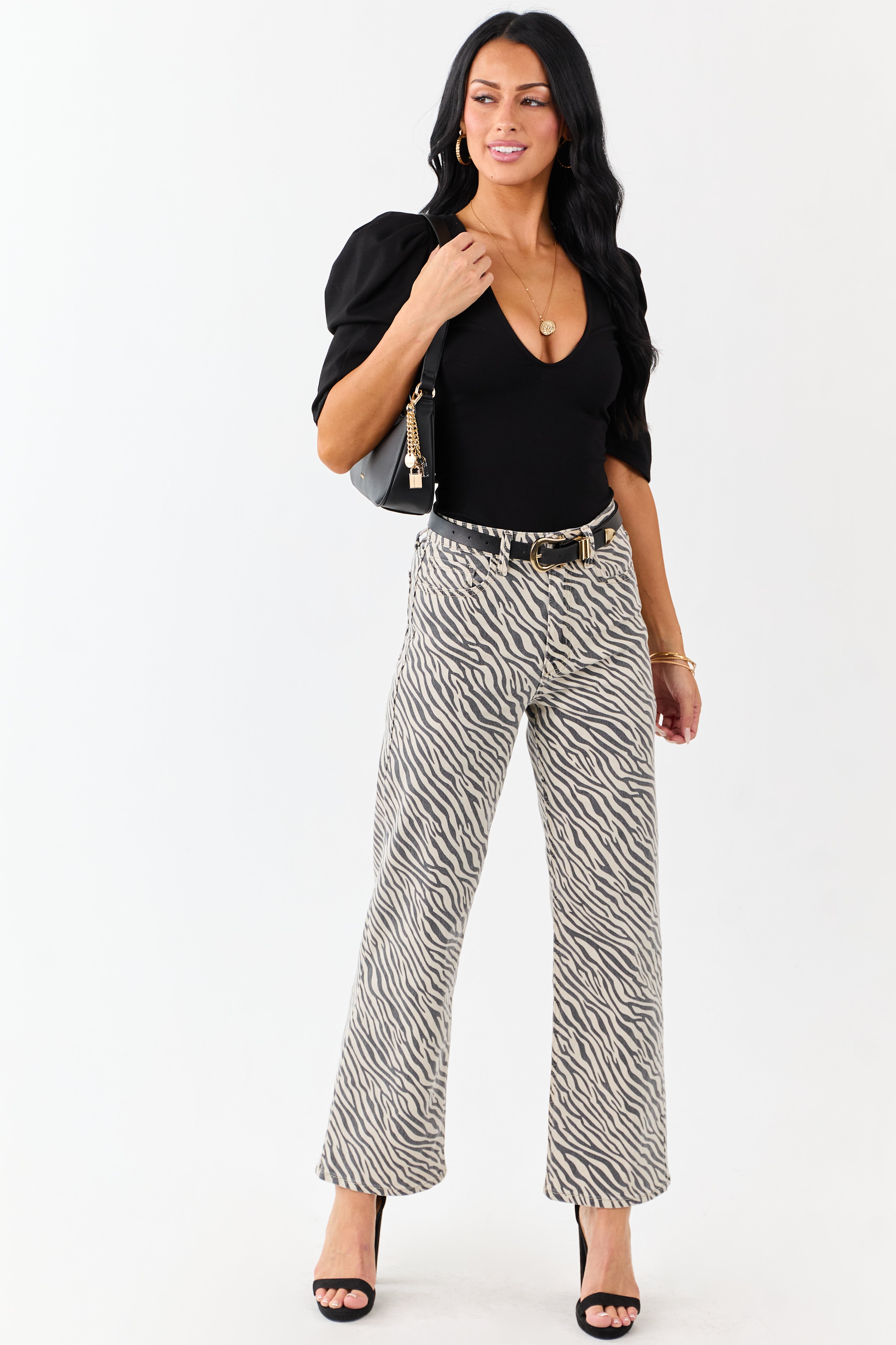 Coconut Zebra Print High Rise Straight Stretchy Jeans
