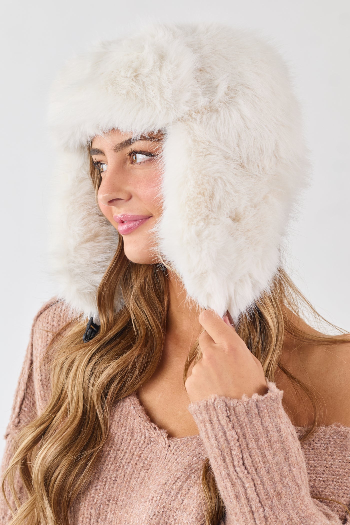 Coconut Faux Fur Trapper Hat with Buckle