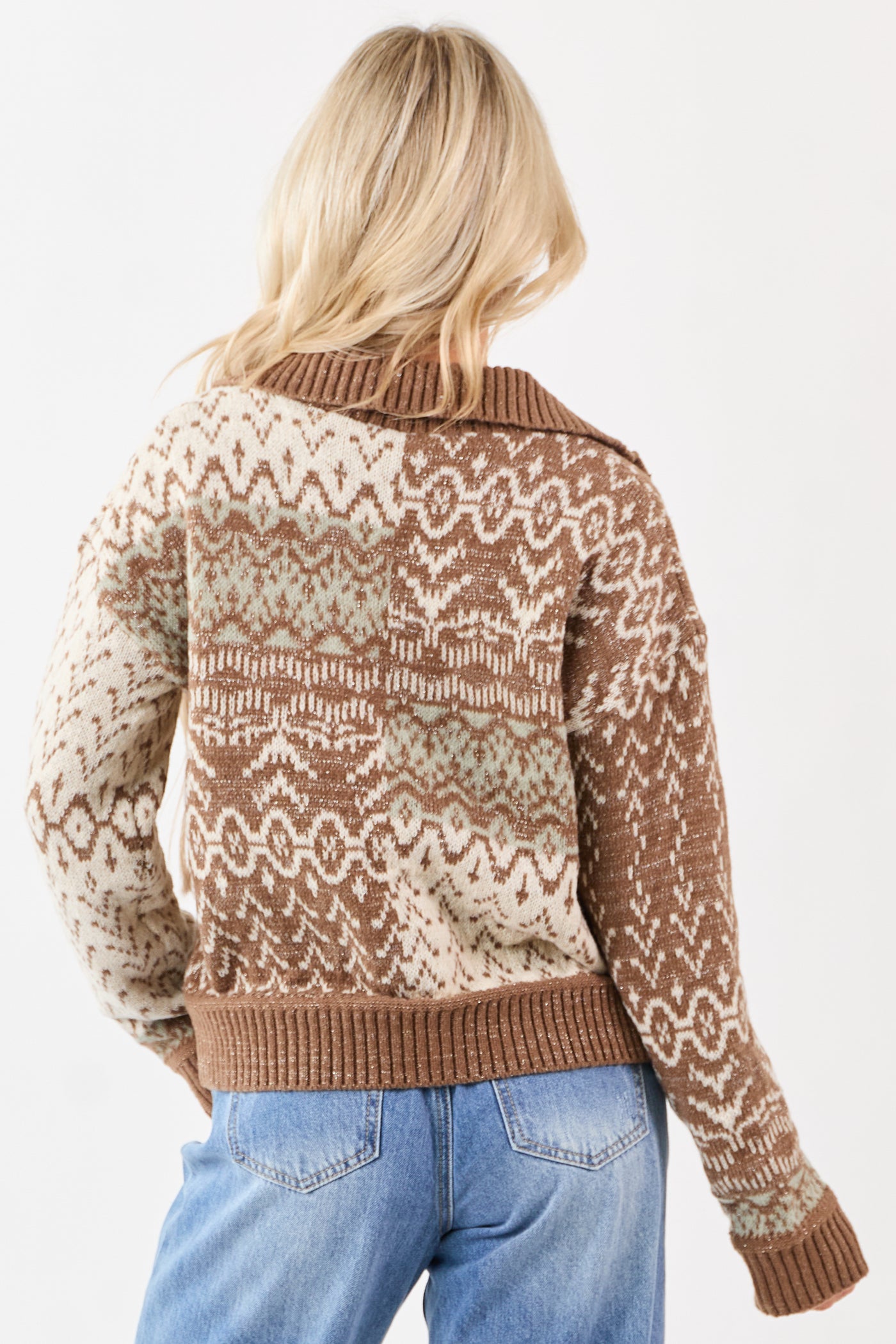 Coffee Abstract Colorblock Collared V-Neck Sweater
