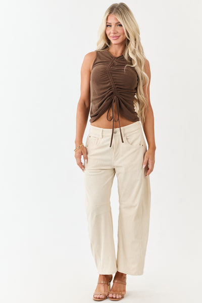 Coffee Asymmetrical Ruched Knit Tank Top