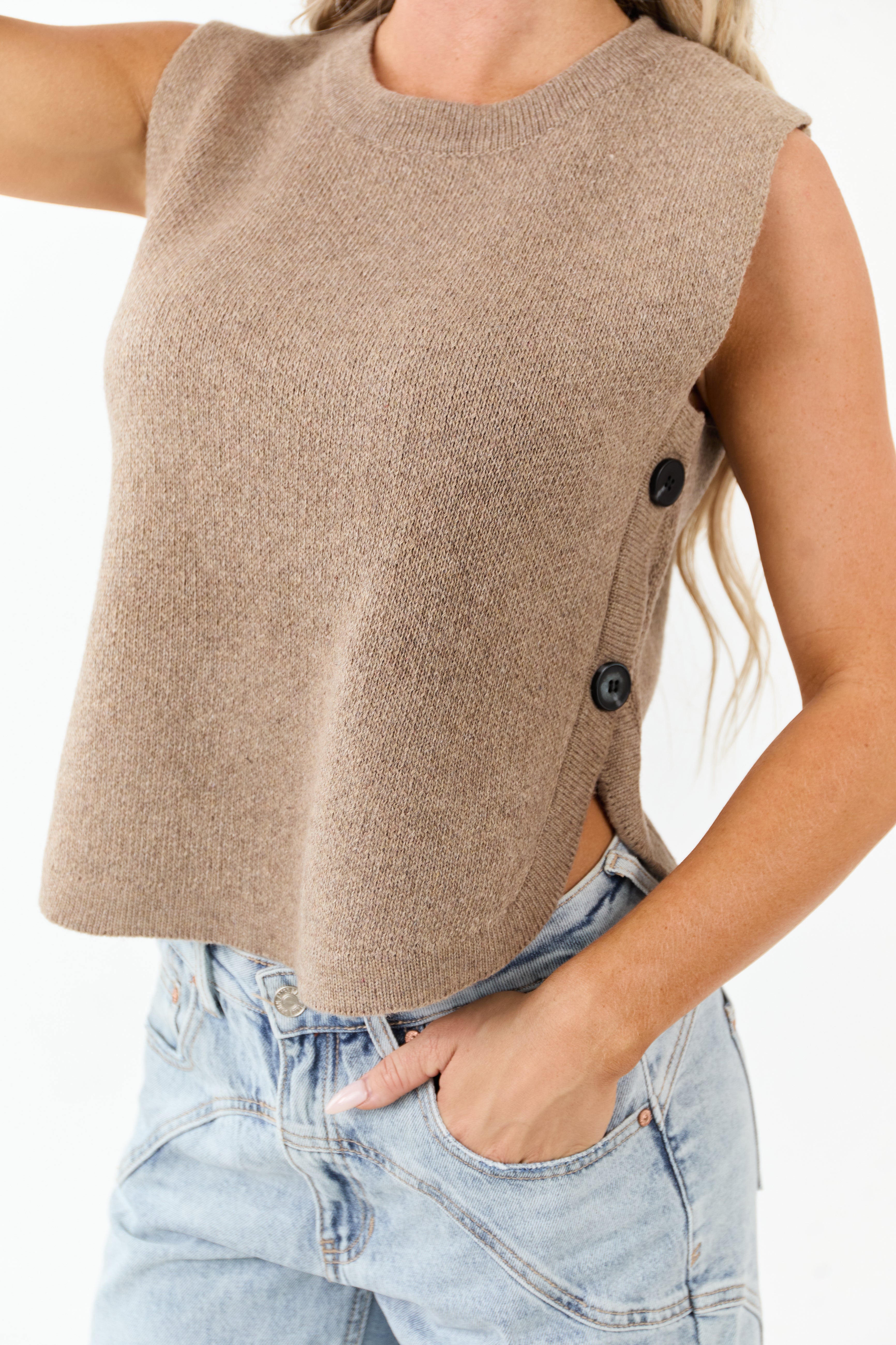 Coffee Button Detail Knit Sweater Tank Top