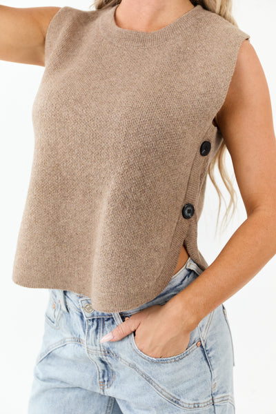 Coffee Button Detail Knit Sweater Tank Top