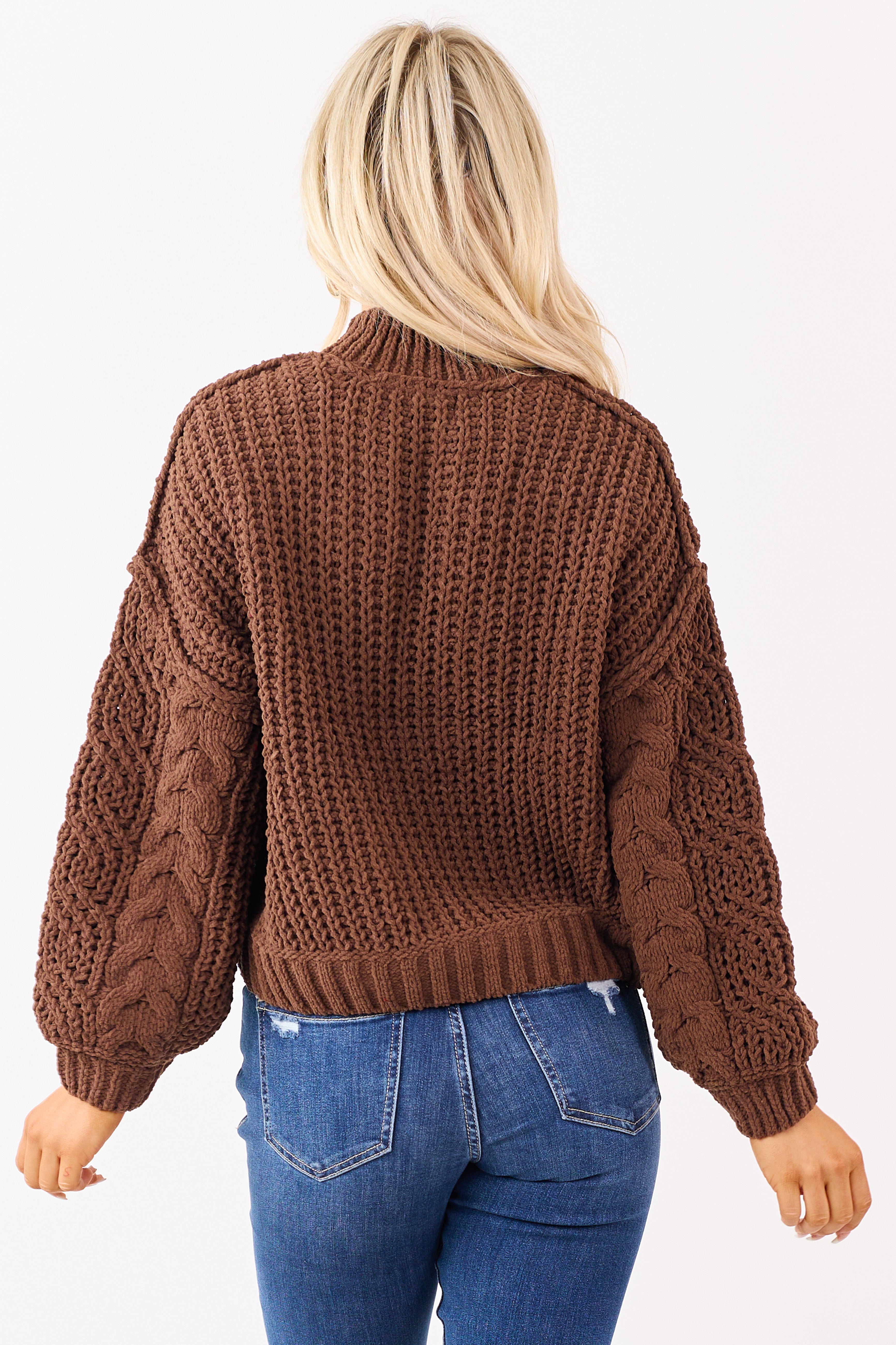 Coffee Cable Knit High Neck Sweater