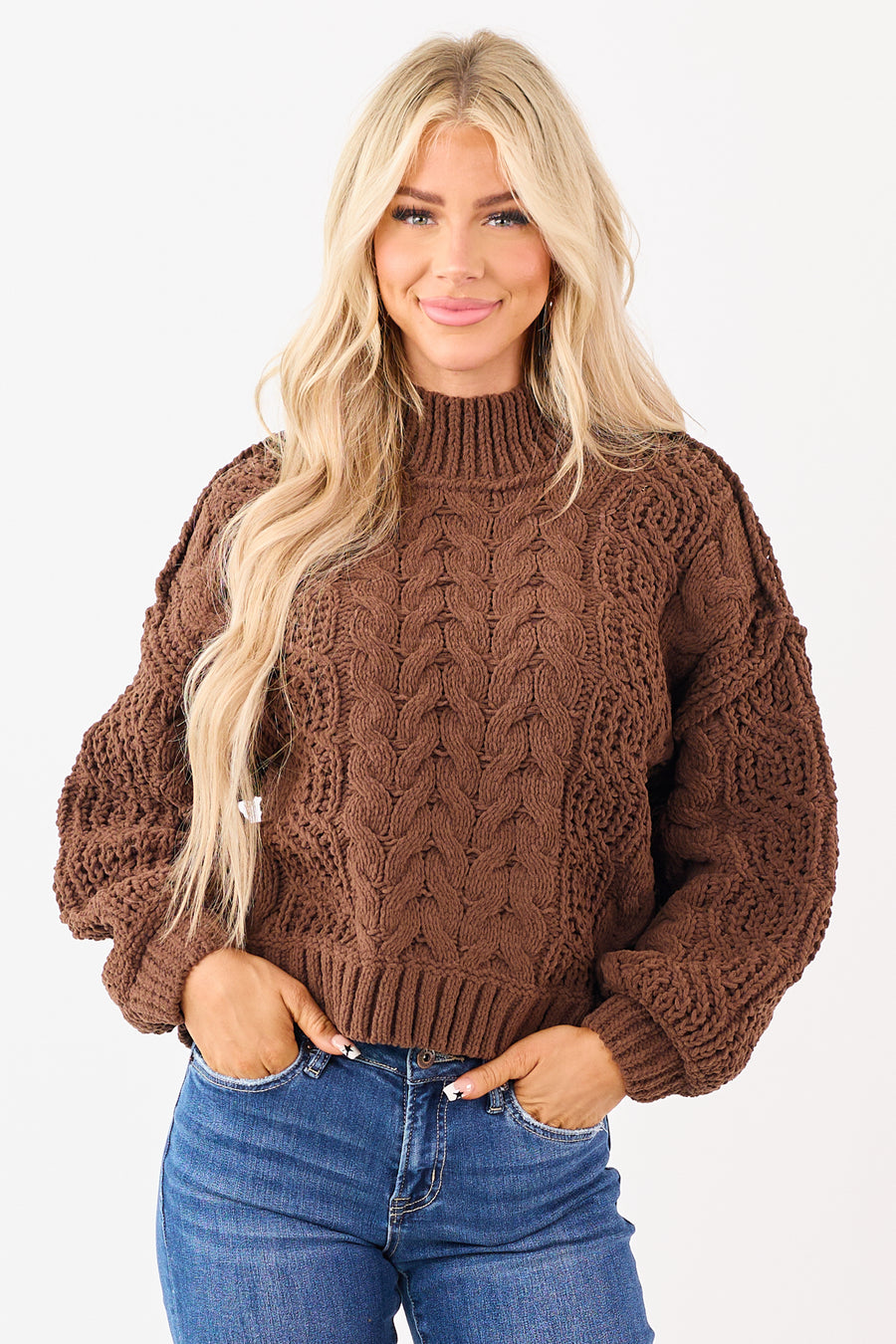 Coffee Cable Knit High Neck Sweater