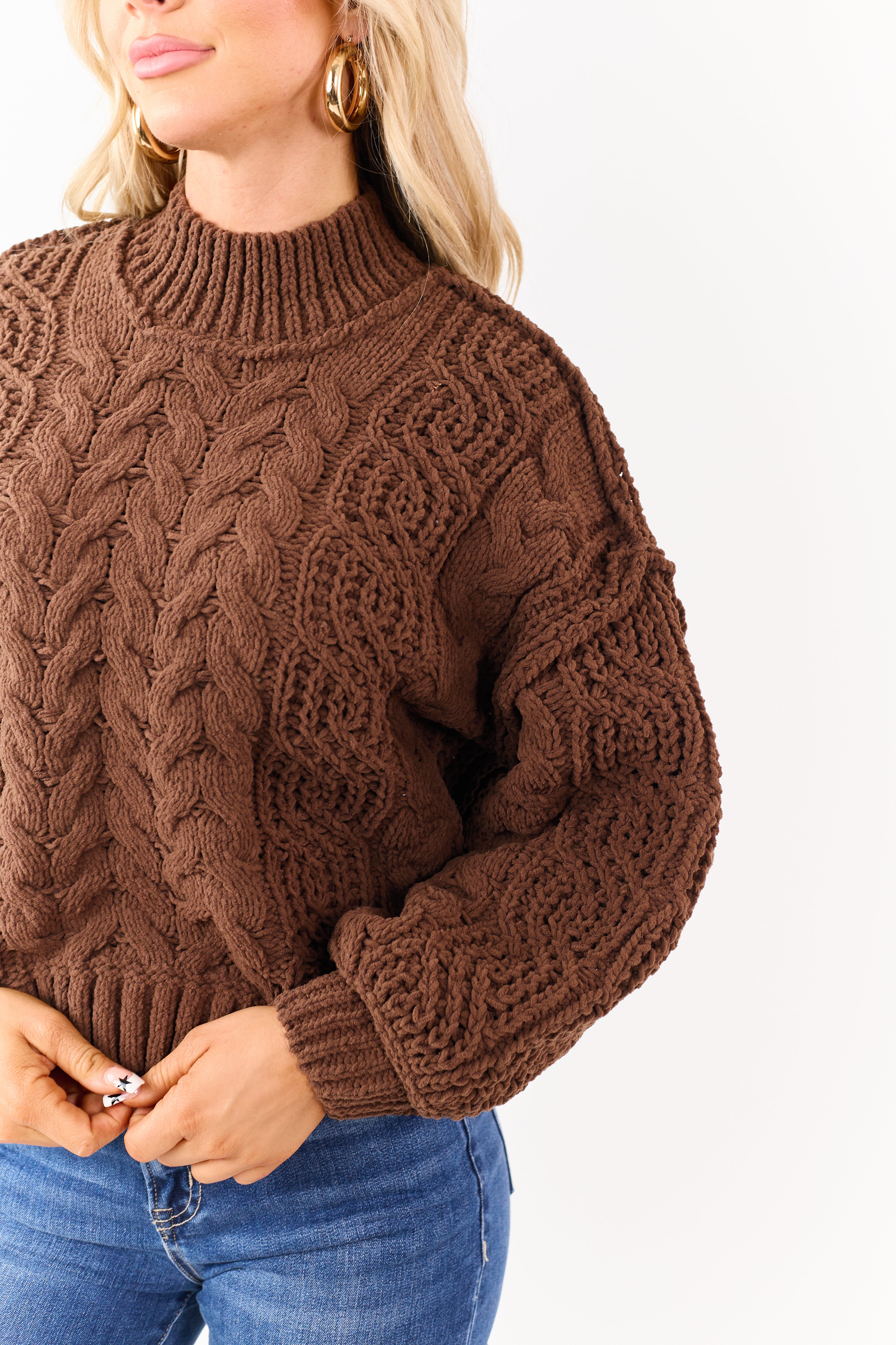 Coffee Cable Knit High Neck Sweater