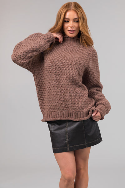 Coffee Chunky Knit Mock Neck Cozy Sweater