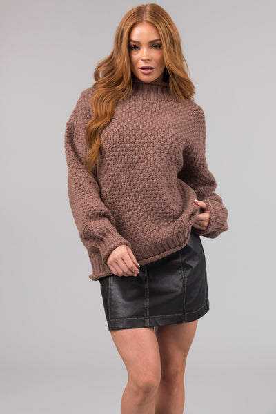Coffee Chunky Knit Mock Neck Cozy Sweater