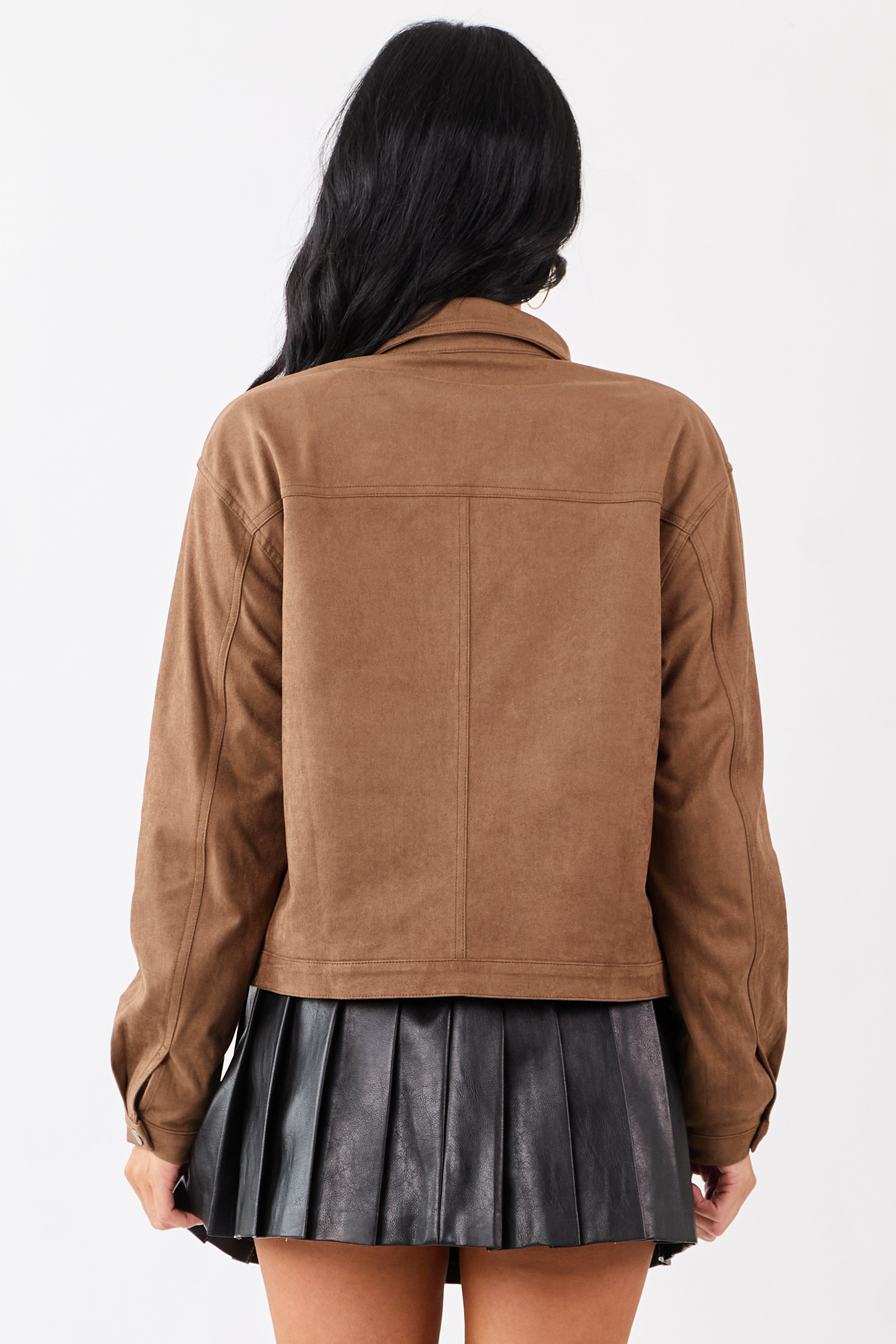 Coffee Collared Zip Up Faux Suede Jacket