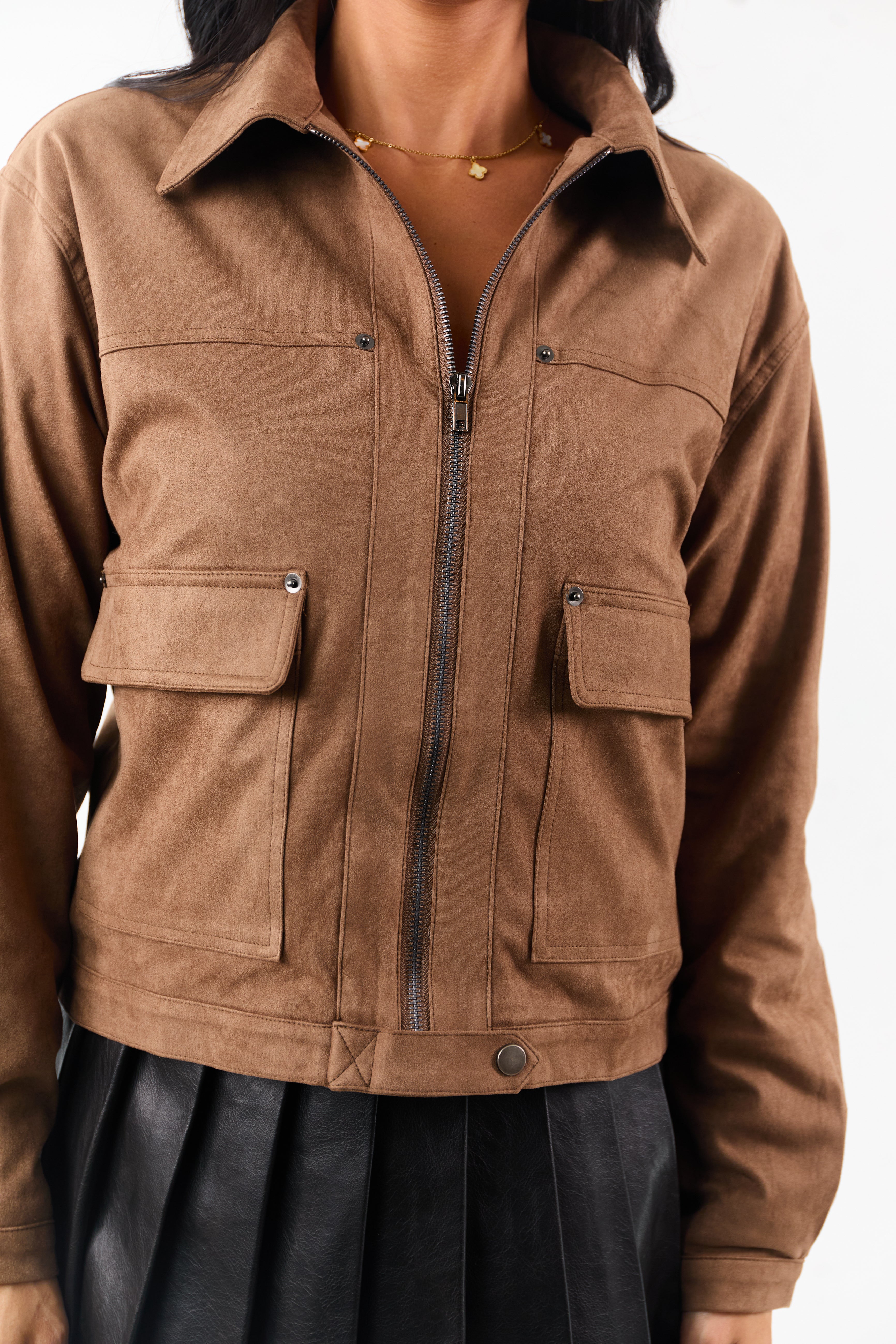 Coffee Collared Zip Up Faux Suede Jacket