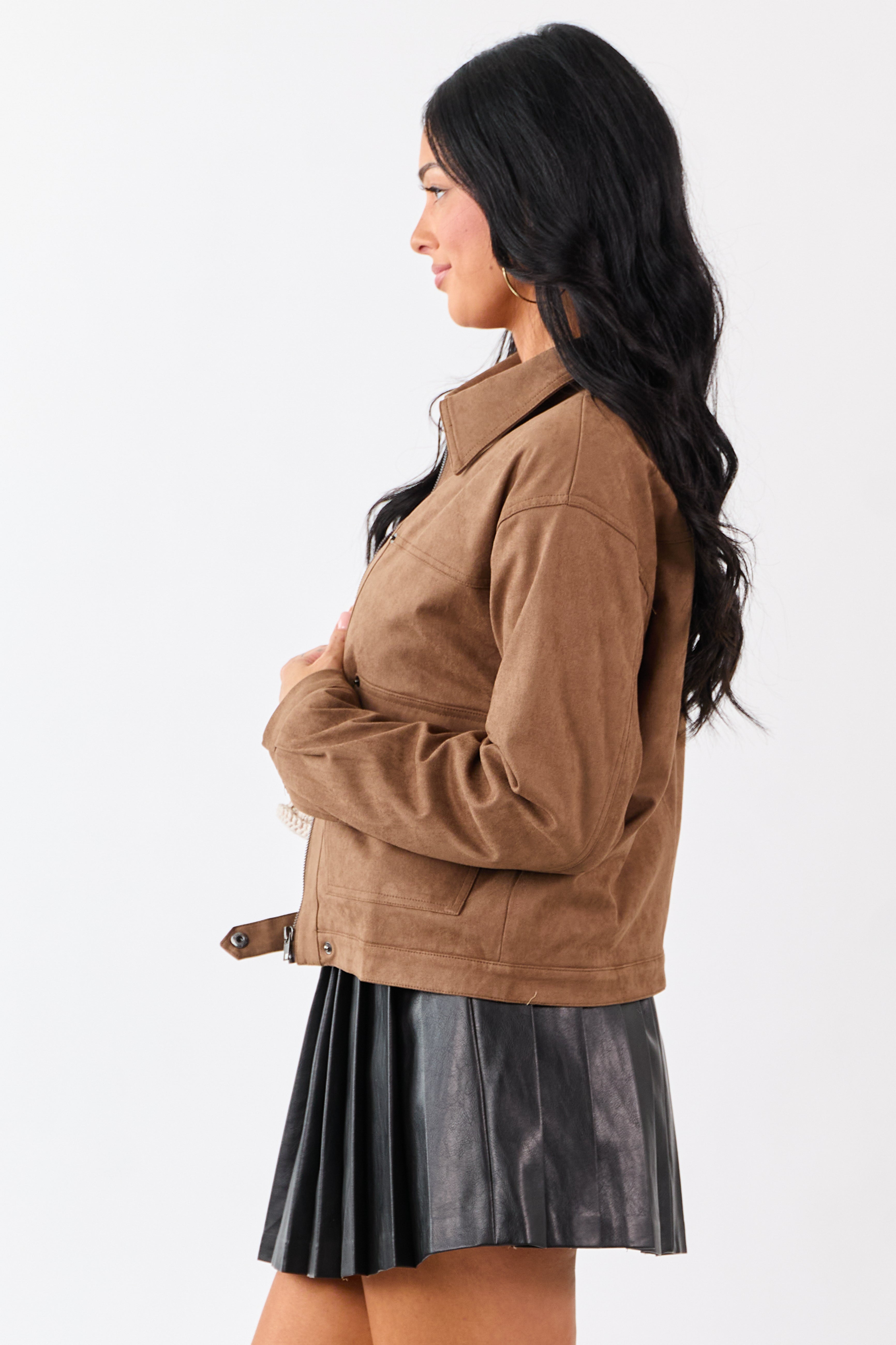 Coffee Collared Zip Up Faux Suede Jacket