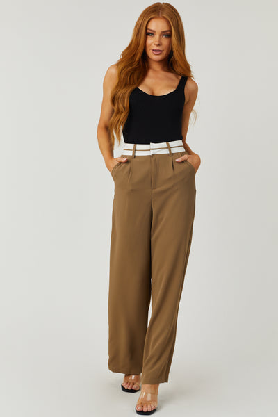 Coffee Contrast Waistband Wide Leg Pants