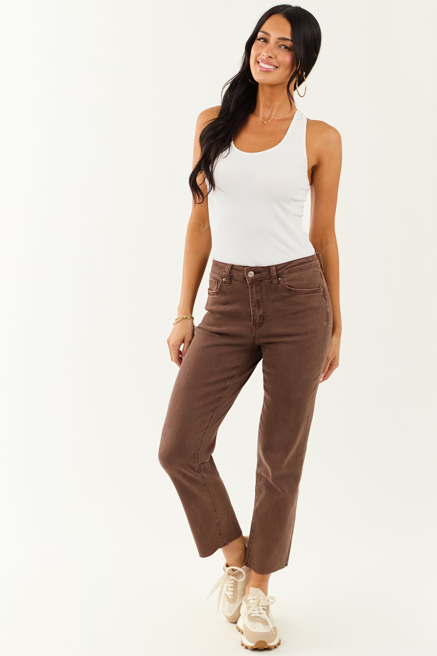 Coffee Cropped High Rise Stretchy Straight Jeans